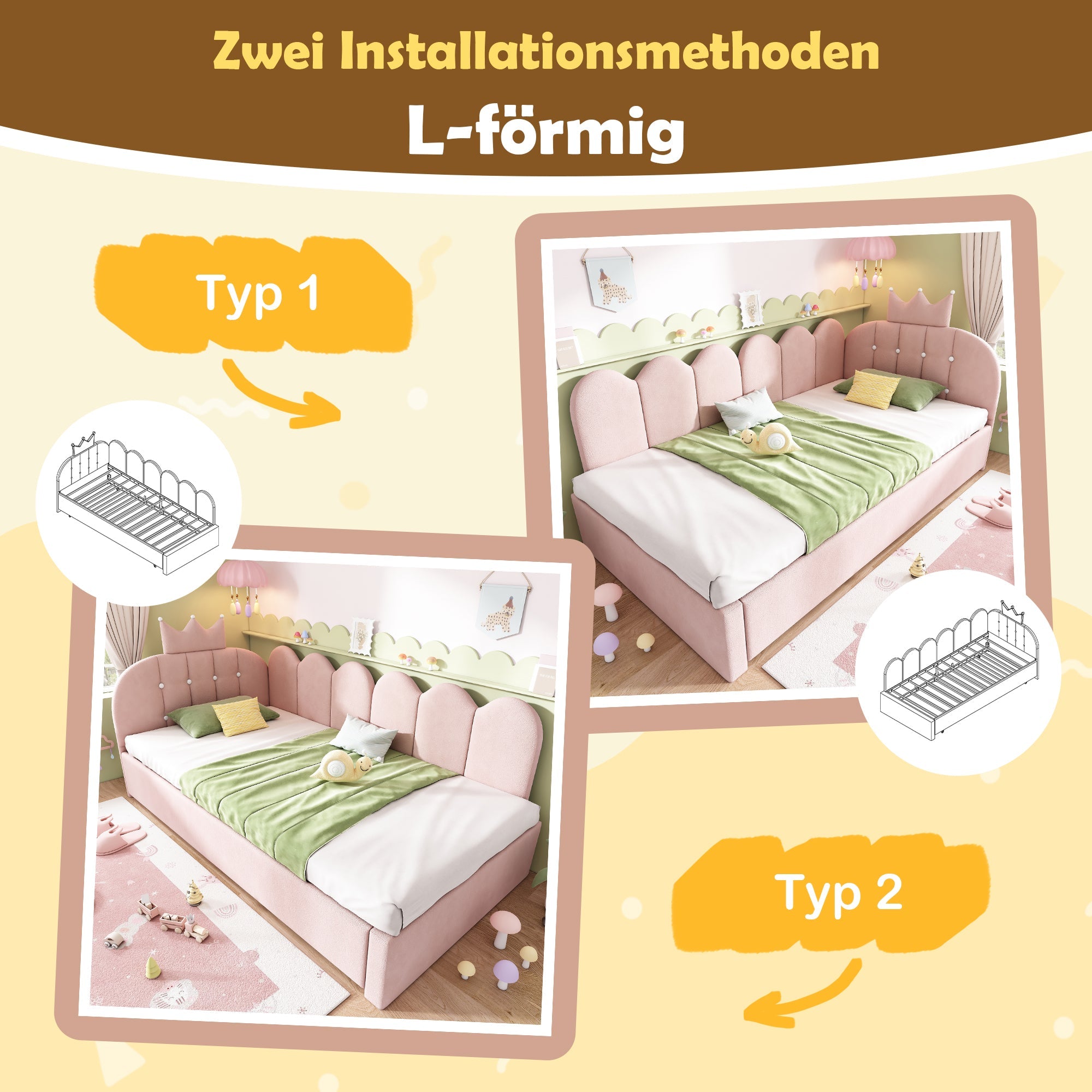 Sofa Bed with Pull-out Bed, 90x200cm Single Guest Bed with Crown Lattice Design, Pink Velvet