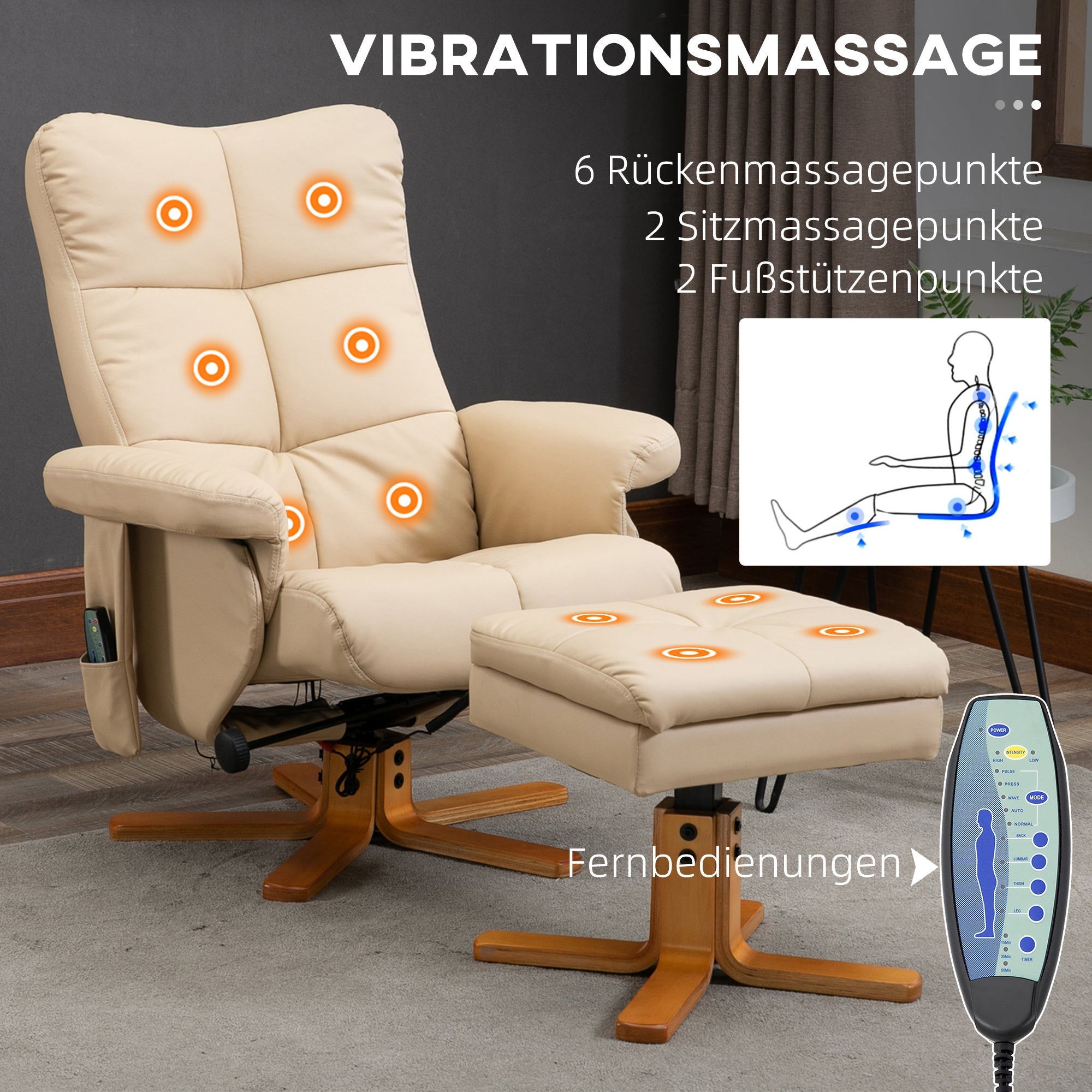 Reclining Massage Chair with Footstool, Storage, 145° Tilt, Polyester Cream White