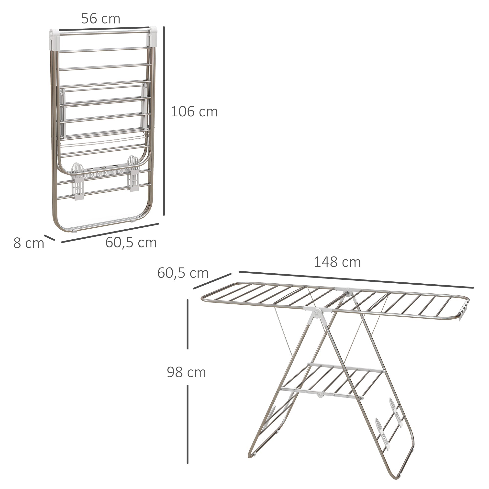 Wäscheständer, klappbar, tragbar mit Teleskopstangen, Edelstahl und Kunststoff, Silber und Weiß