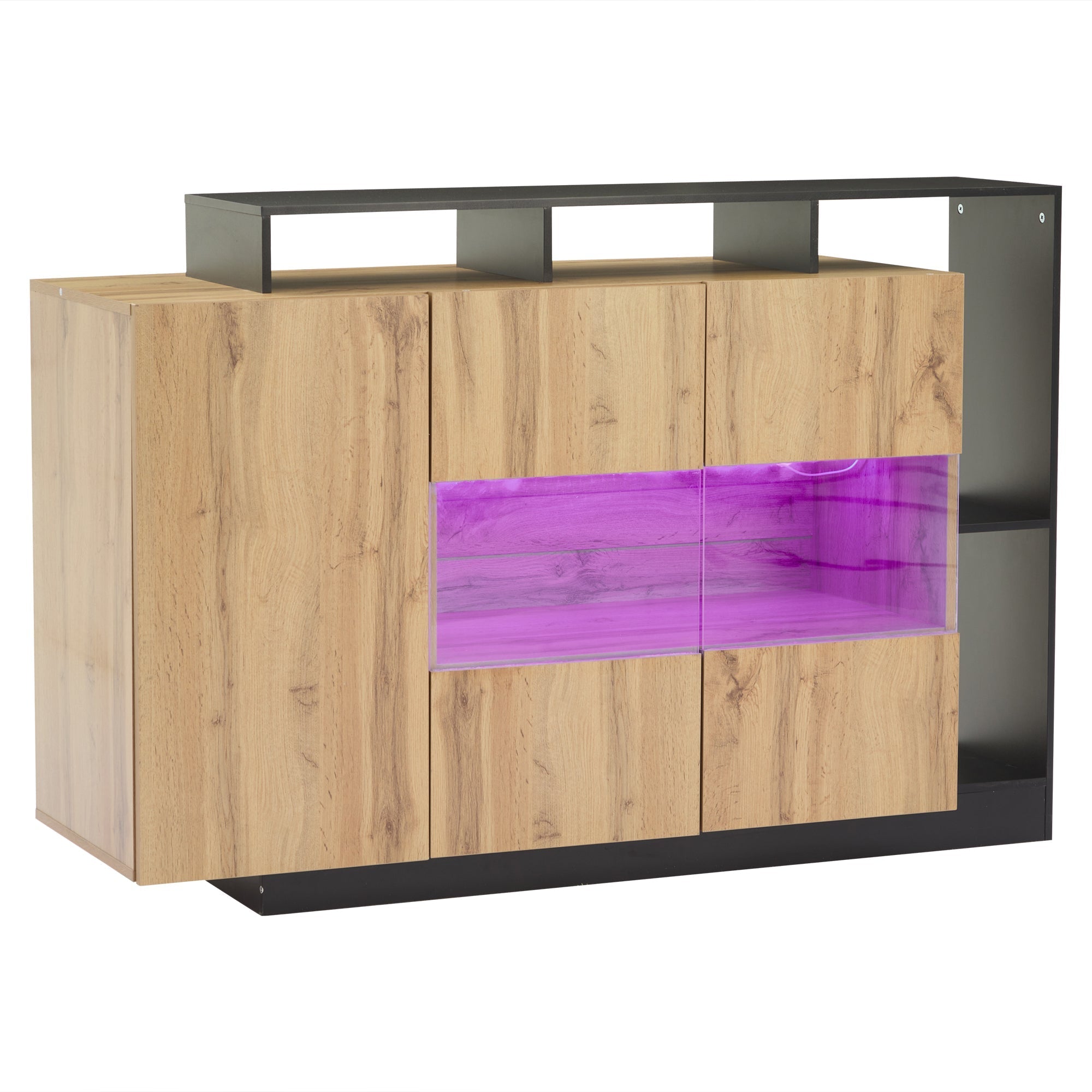 Modern LED Sideboard, Glass Dining Cabinet with Bluetooth Control, Wood Color MDF