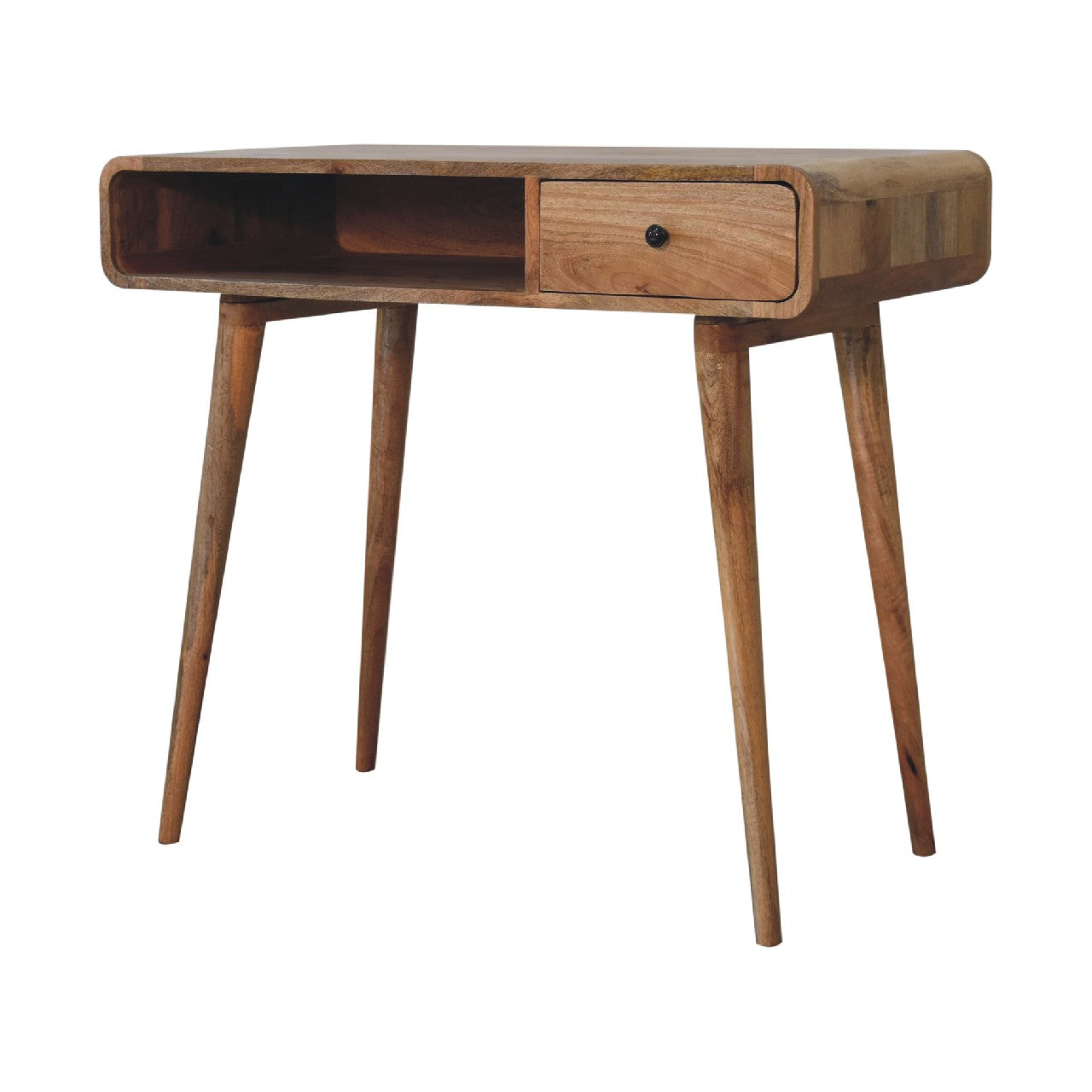 Writing Desk, Curved 1 Drawer Open Slot, Solid Wood Brown