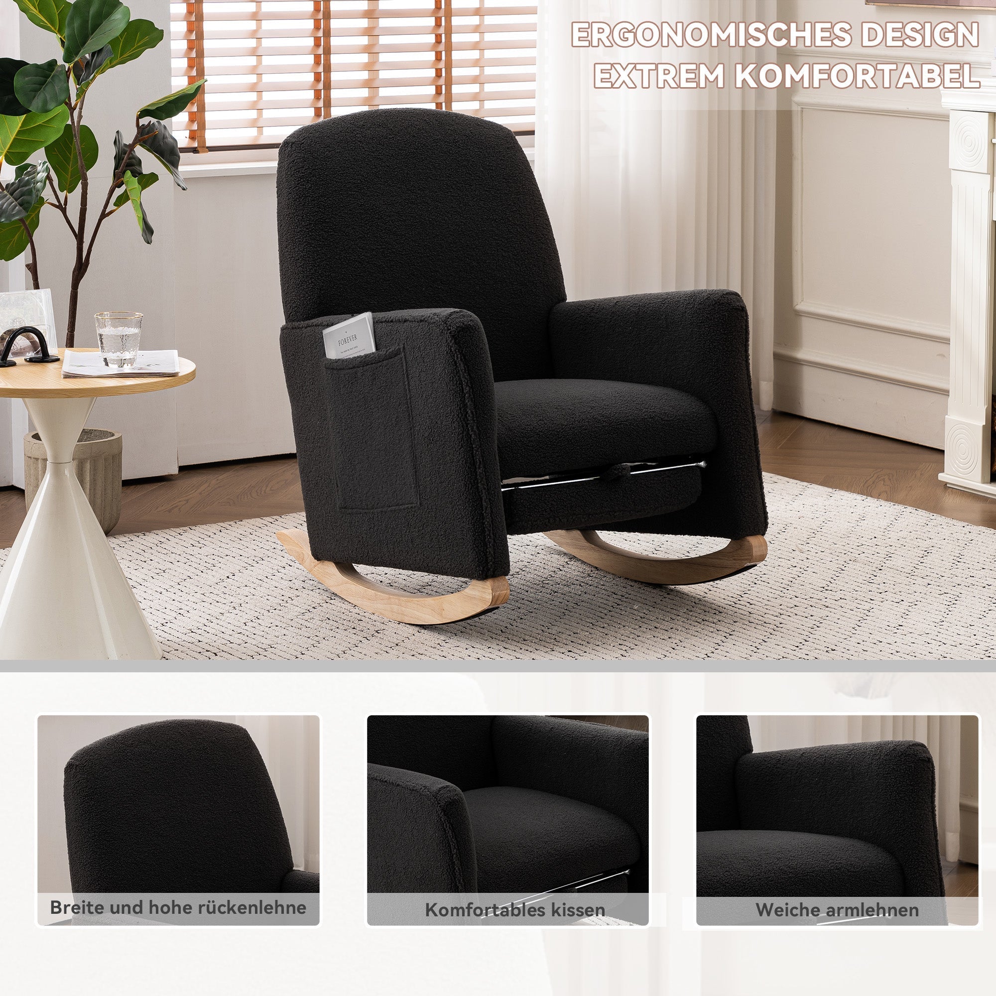 Rocking Chair with Stool, Recliner, High Back, Dark Grey Teddy Fabric