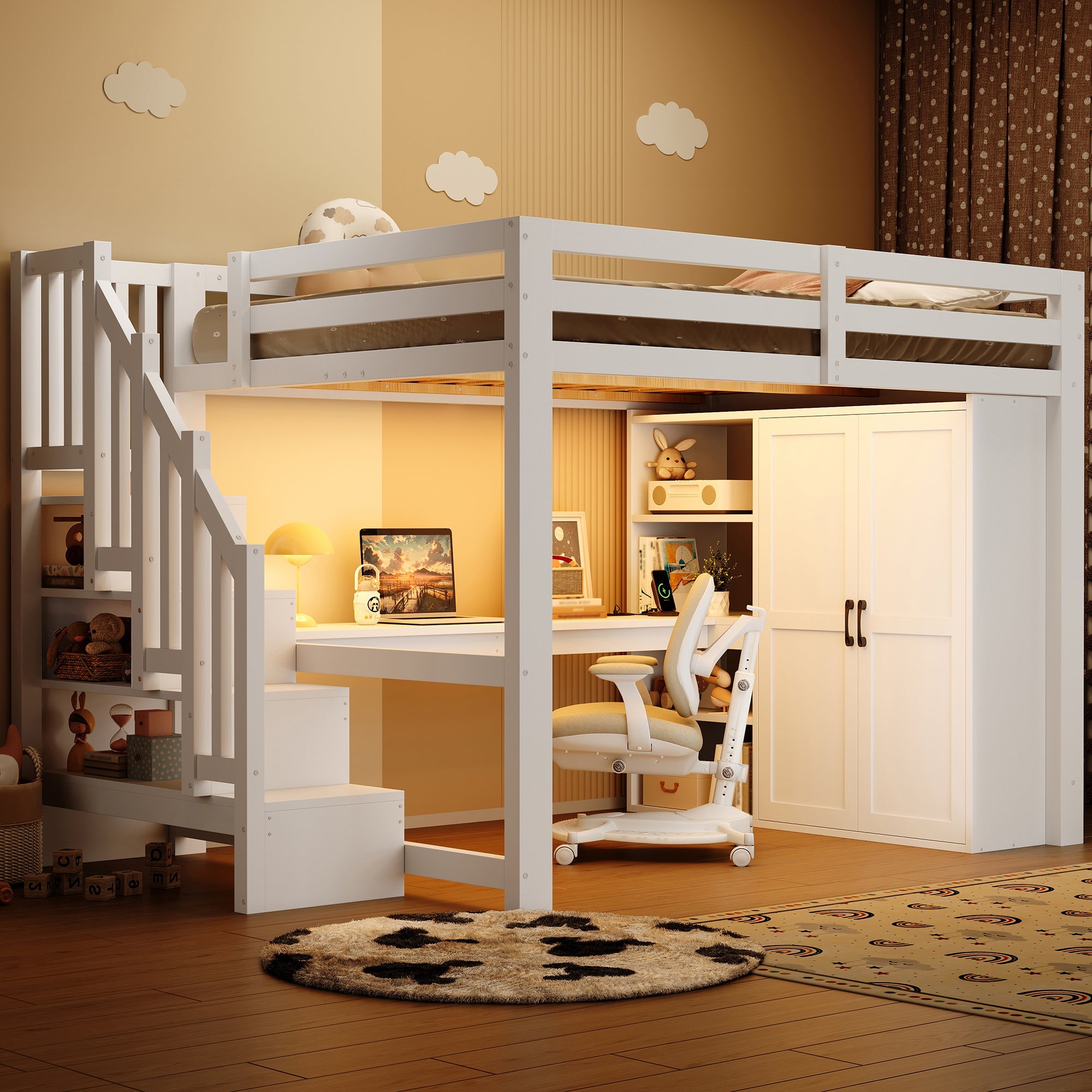 140x200 Loft Bed with Desk, Shelf, Wardrobe, Storage Stairs, USB and LED Lights, White