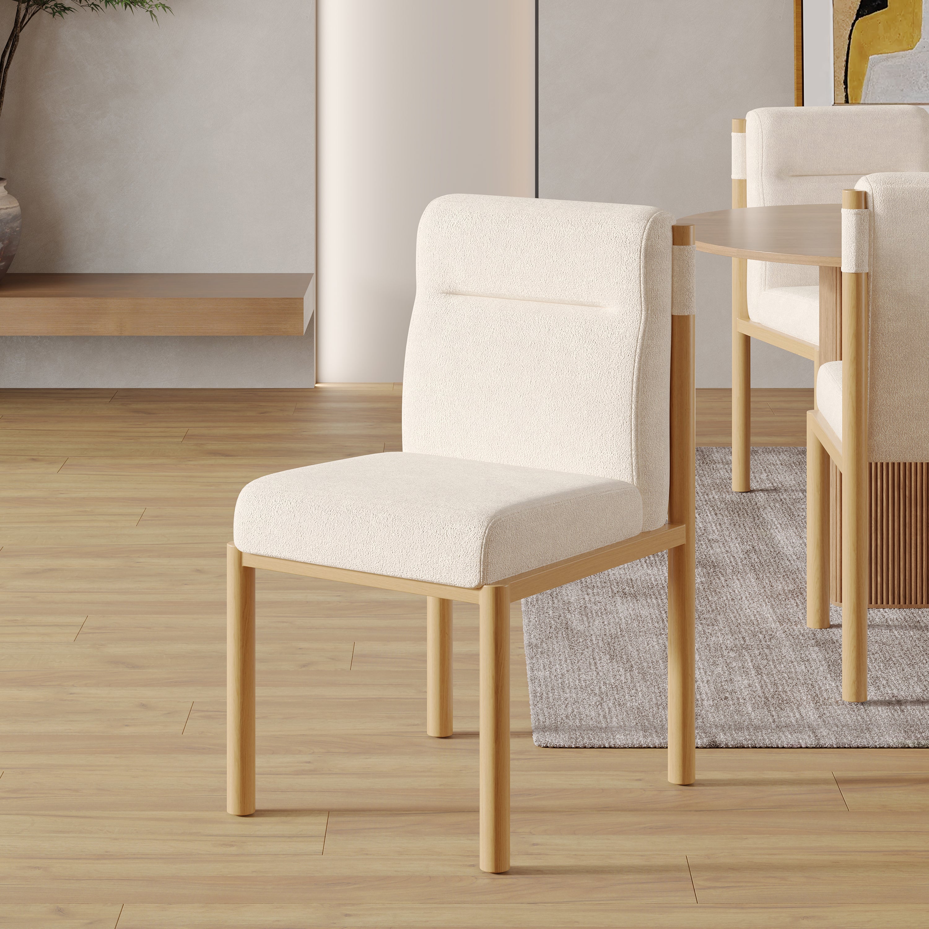 Dining Chairs Set of 6 Modern Oak-Effect Frame Padded Seat - Sherpa Fabric Beige