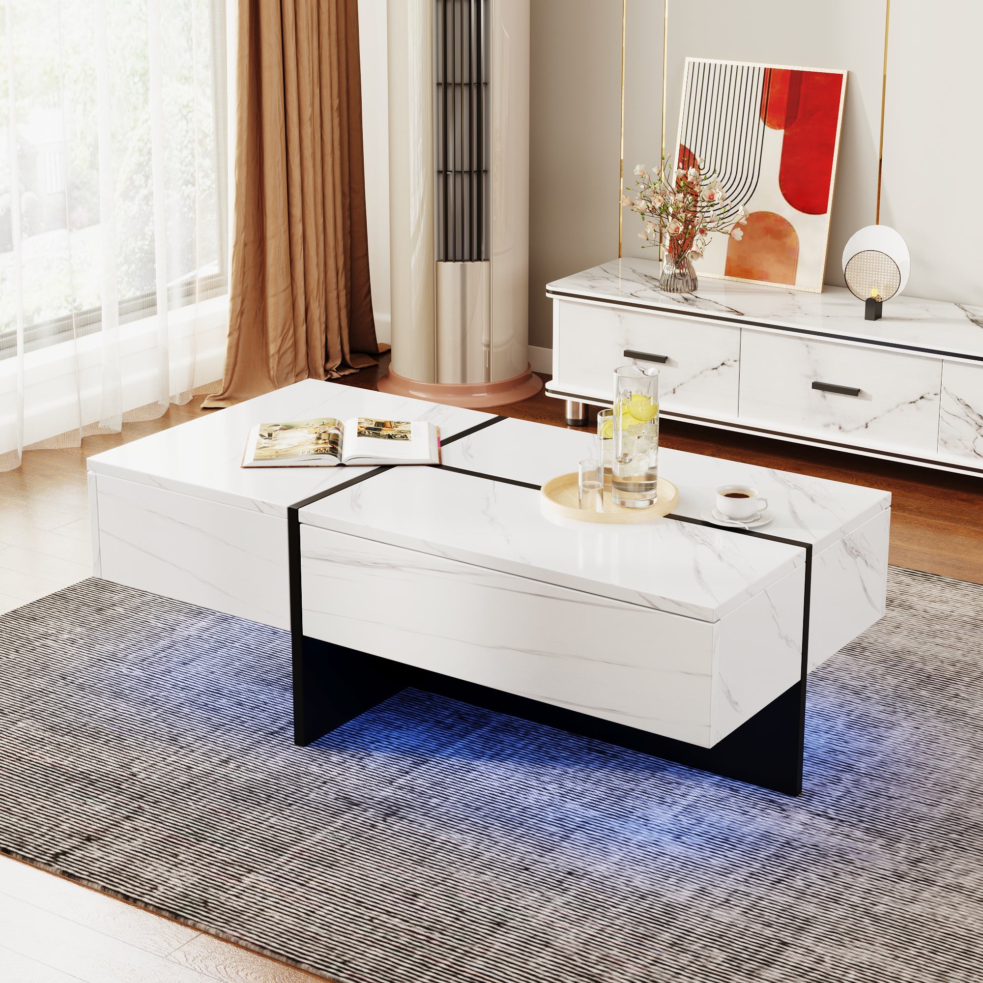 High-Gloss Coffee Table, LED Lighting and Drawers, White Marble-Effect