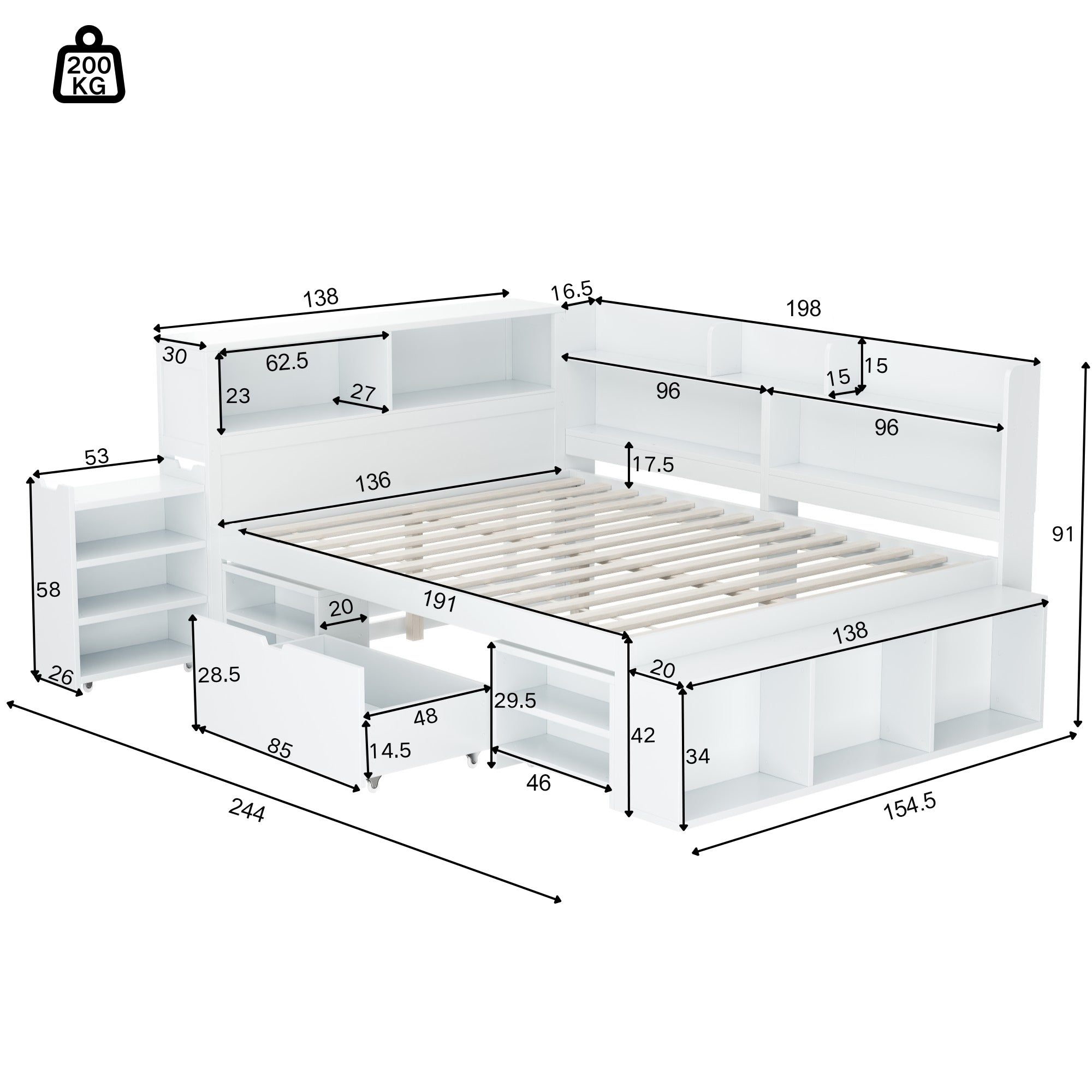 LED upholstered bed, 140 × 190 cm, hydraulic bed, 2-in-1 storage drawers at the foot of the bed, built-in LED light strips on both sides of the bed, slatted base, mattress not included, velvet, grey.