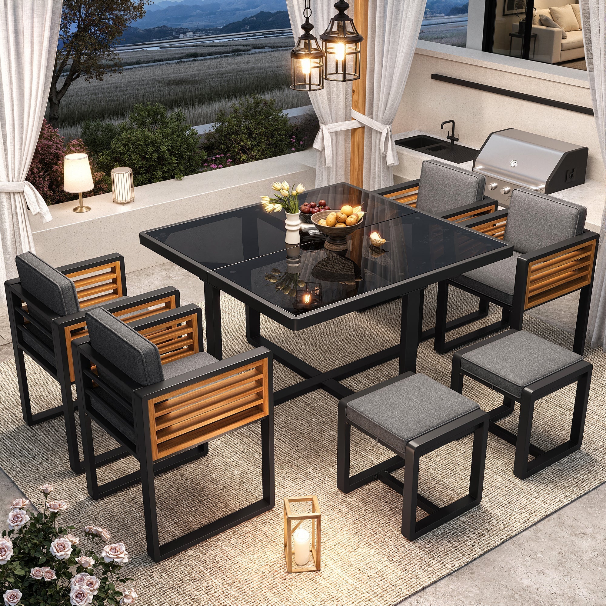 Garden Furniture Set with 6 Chairs and Table, Glass Tabletop