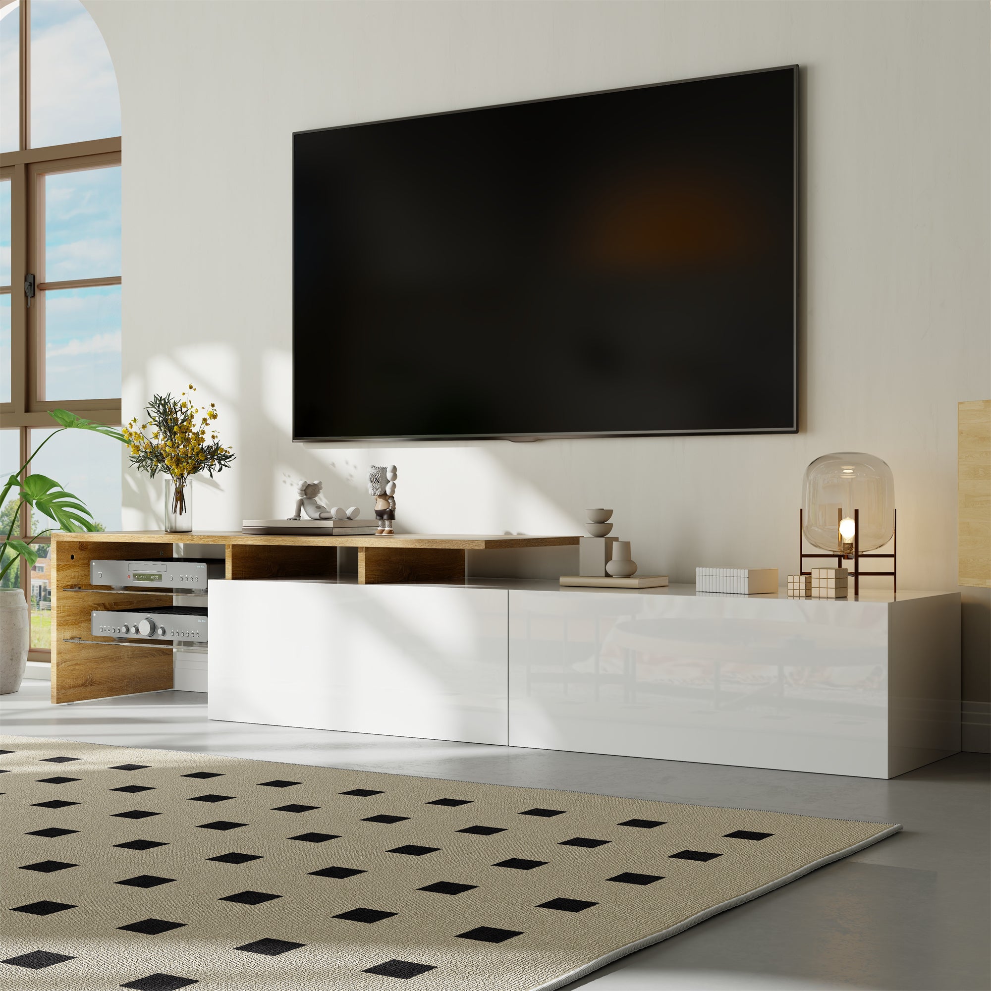 TV Cabinet with Glass Shelves and LED Lighting, High-Gloss White and Wood Look