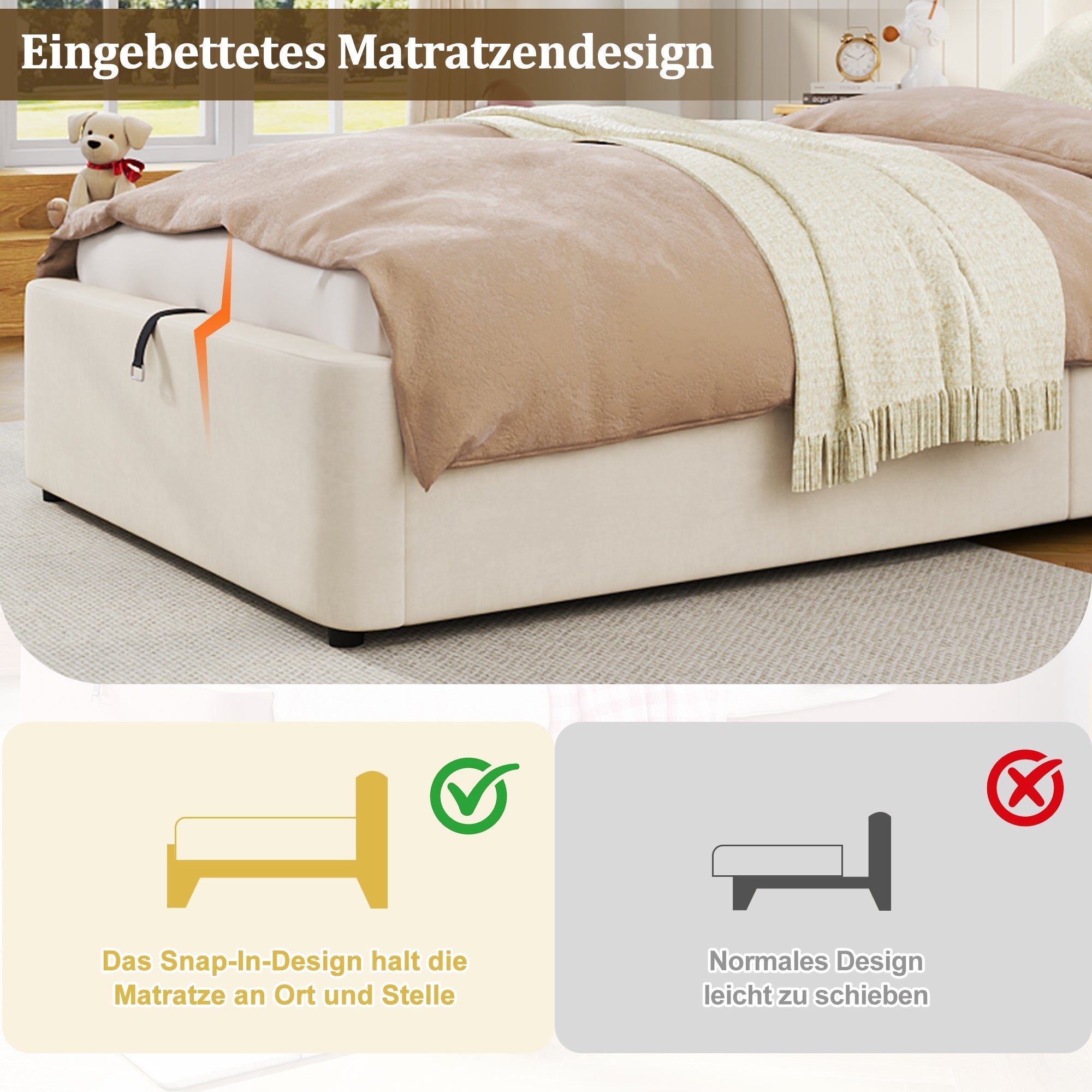 Upholstered Bed Single/Children's 90x200cm Hydraulic Storage with Padded Headboard, Velvet Beige