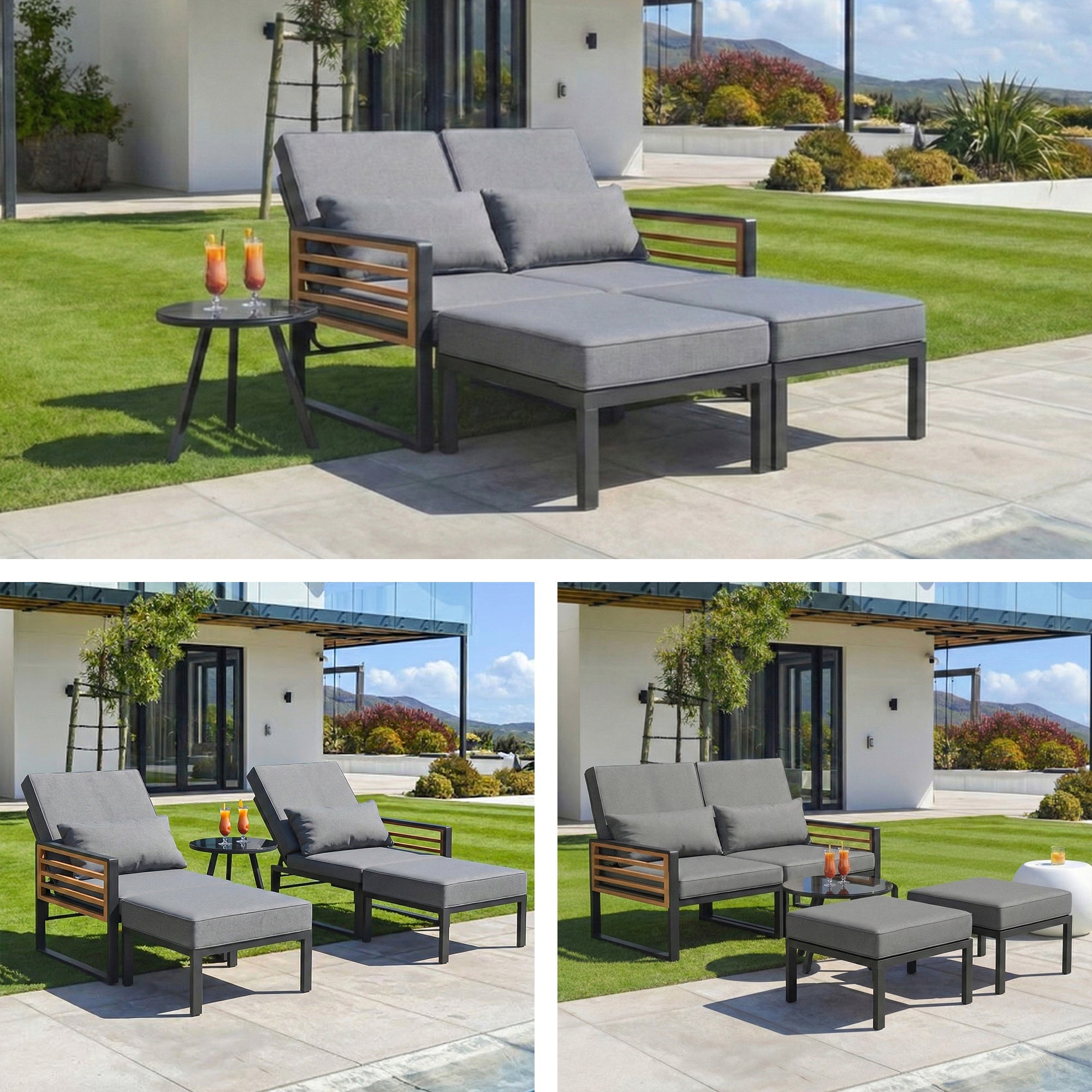 Garden Lounge Set for 2-4 People, Adjustable Outdoor Daybed and Sofa with Cushions, Grey Wood Look