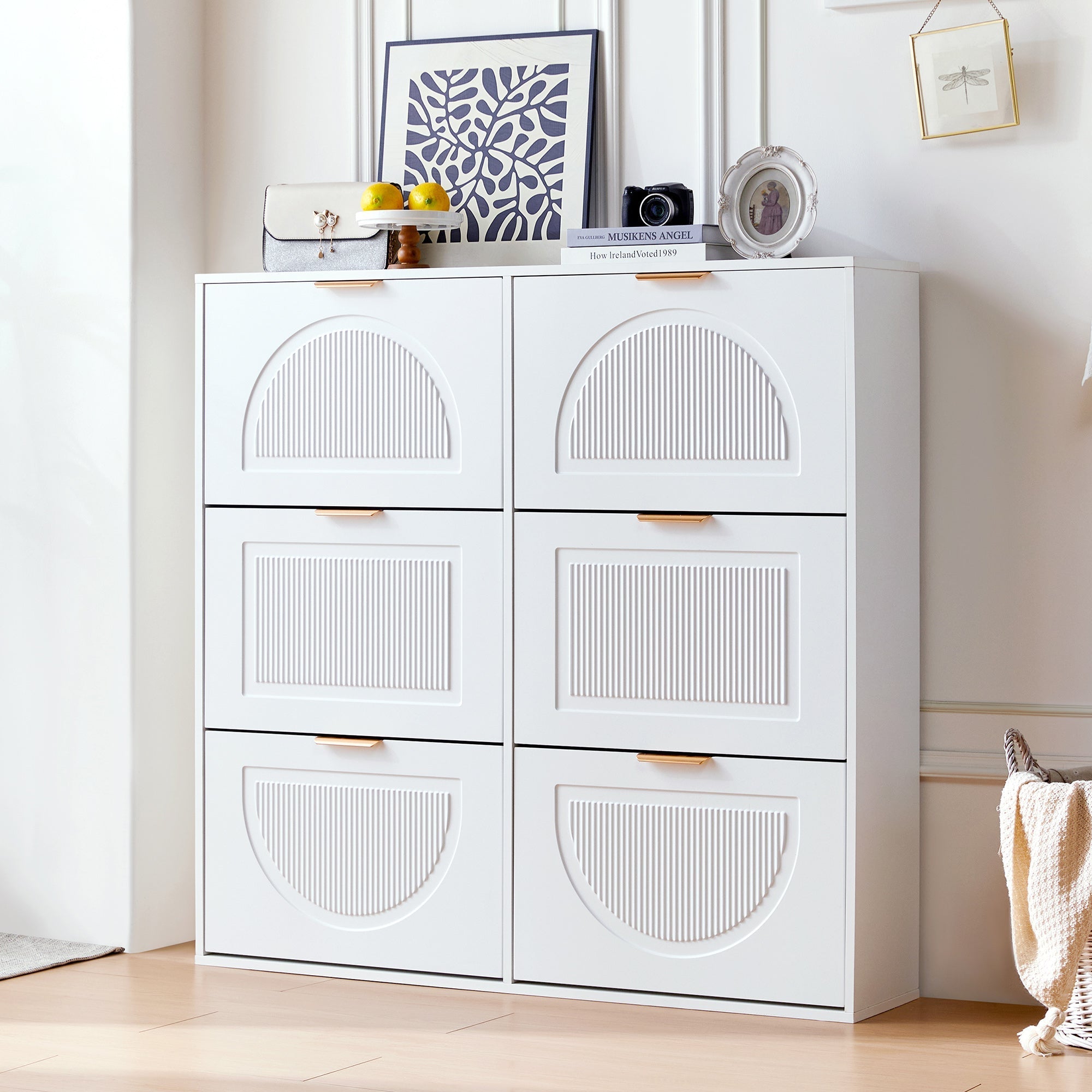 Shoe Cabinet 6 Flaps Open Shelves Freestanding 118x115x25cm - White