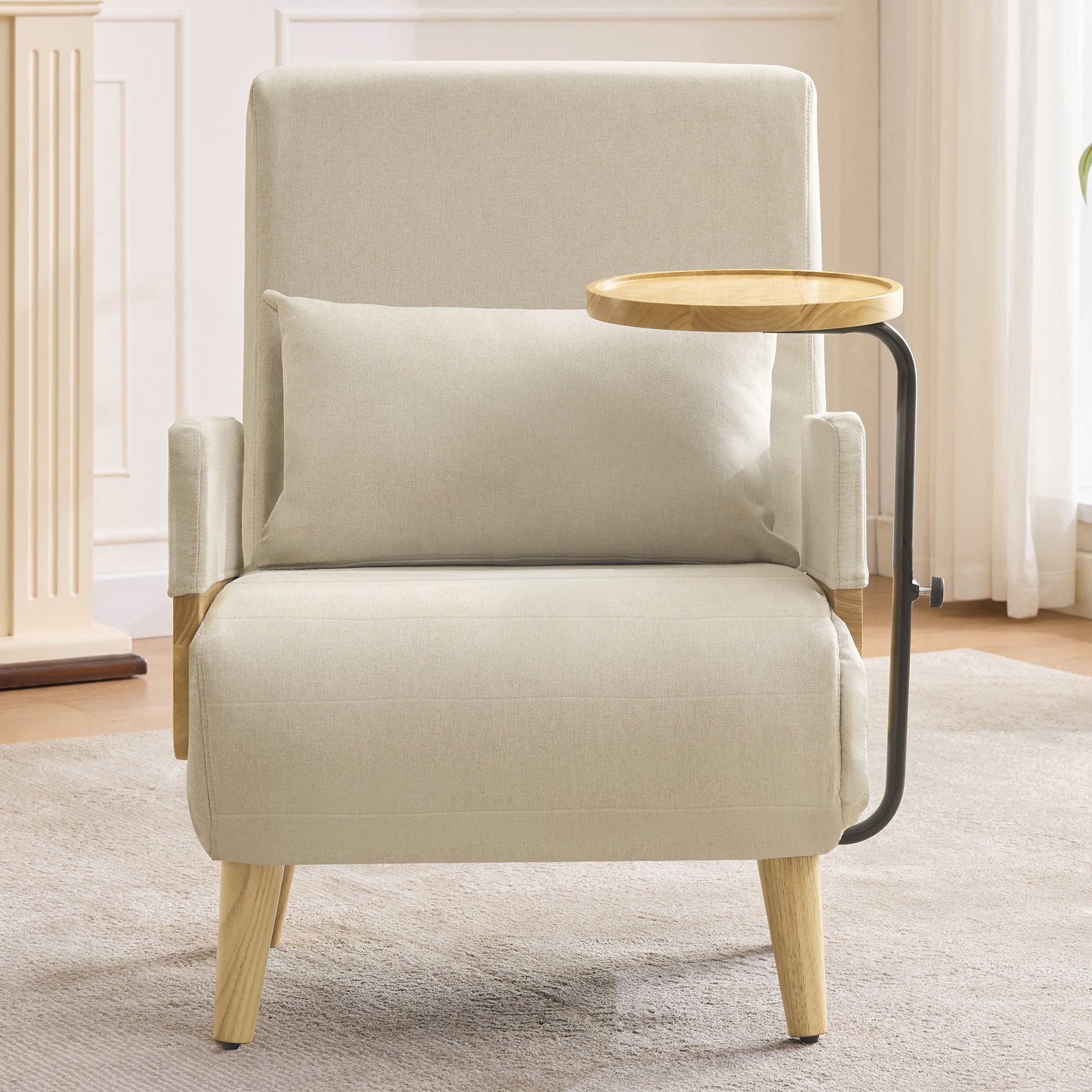 3-in-1 Convertible Armchair, Sleeping Function Upholstered Folding Seat, Wooden Tray
