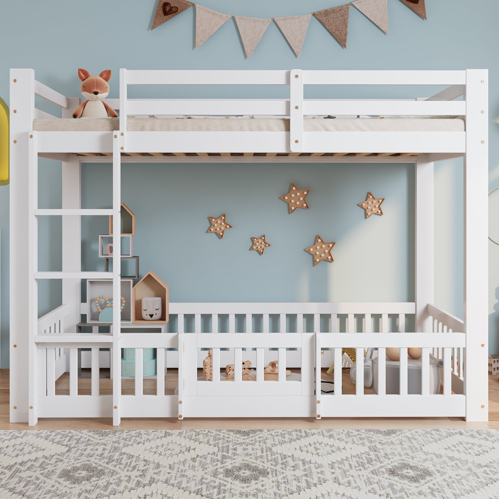 Bunk Bed, Wooden with Right-Angled Stairs, Railing, Fall Protection, White