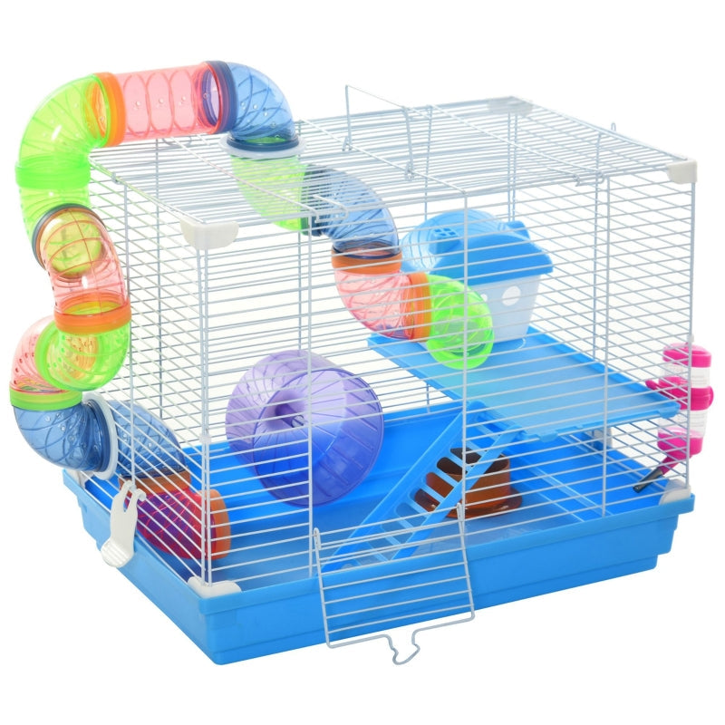 Hamster Cage, 2 Tier Gerbil Cage with Handle, Exercise Wheels, Tunnel, Tube, Water Bottle, Dishes, Ladder, Blue