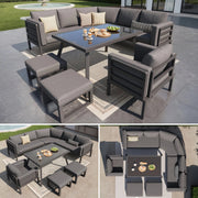Garden Sofa Set Crescent 8-Person with Glass Table Weatherproof - Grey Cushions
