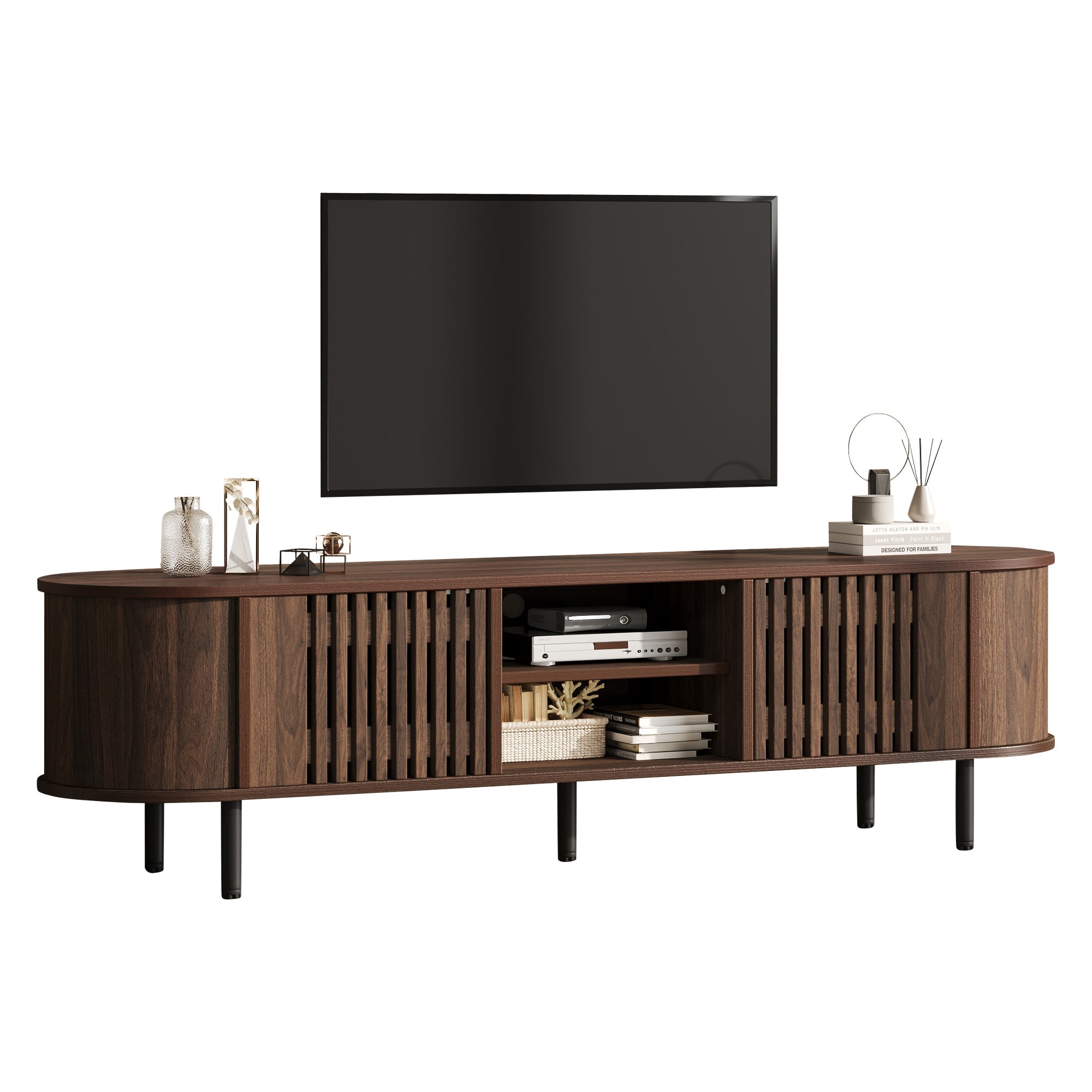 TV Cabinet Lowboard with 2 Cabinets, Openwork Wood Design, Walnut