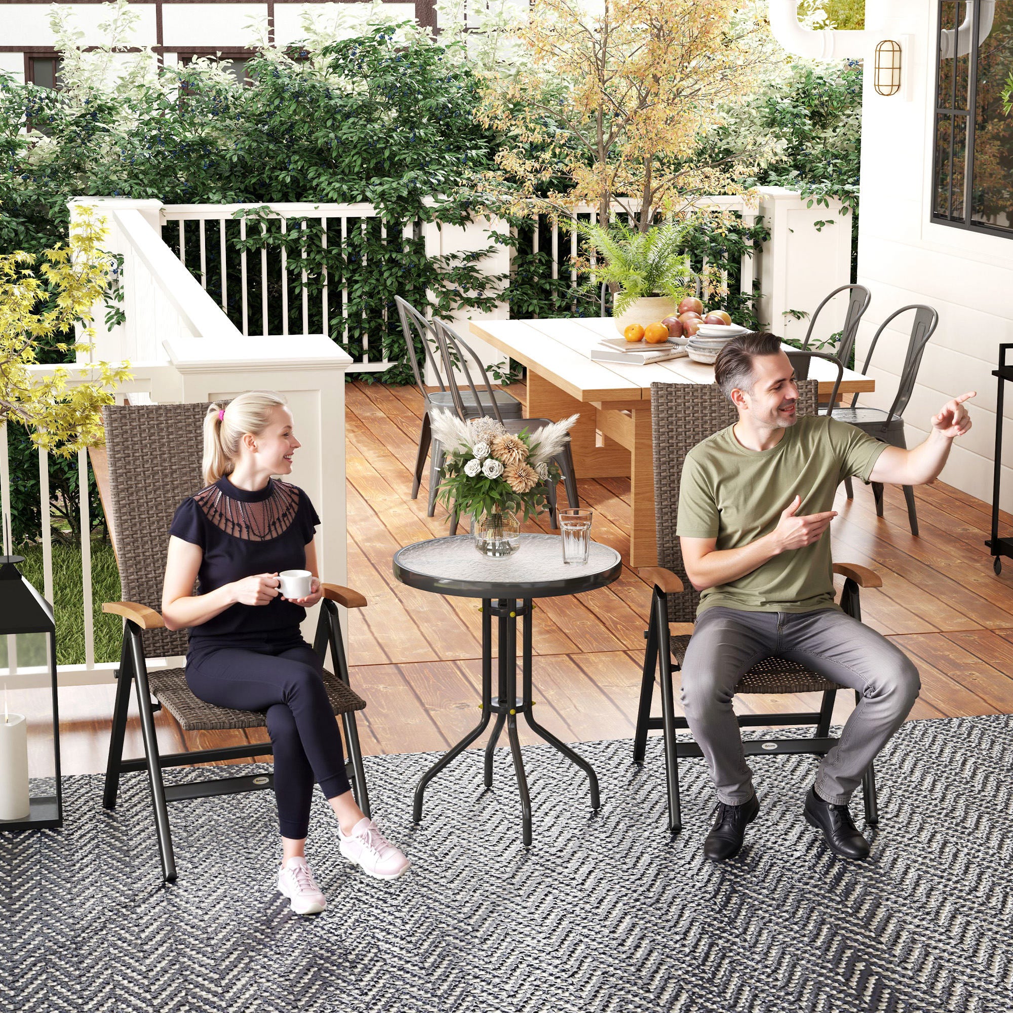 2 Pieces Folding Rattan Garden Dining Chairs 5-Level Reclining High Back Wood Armrests Brown