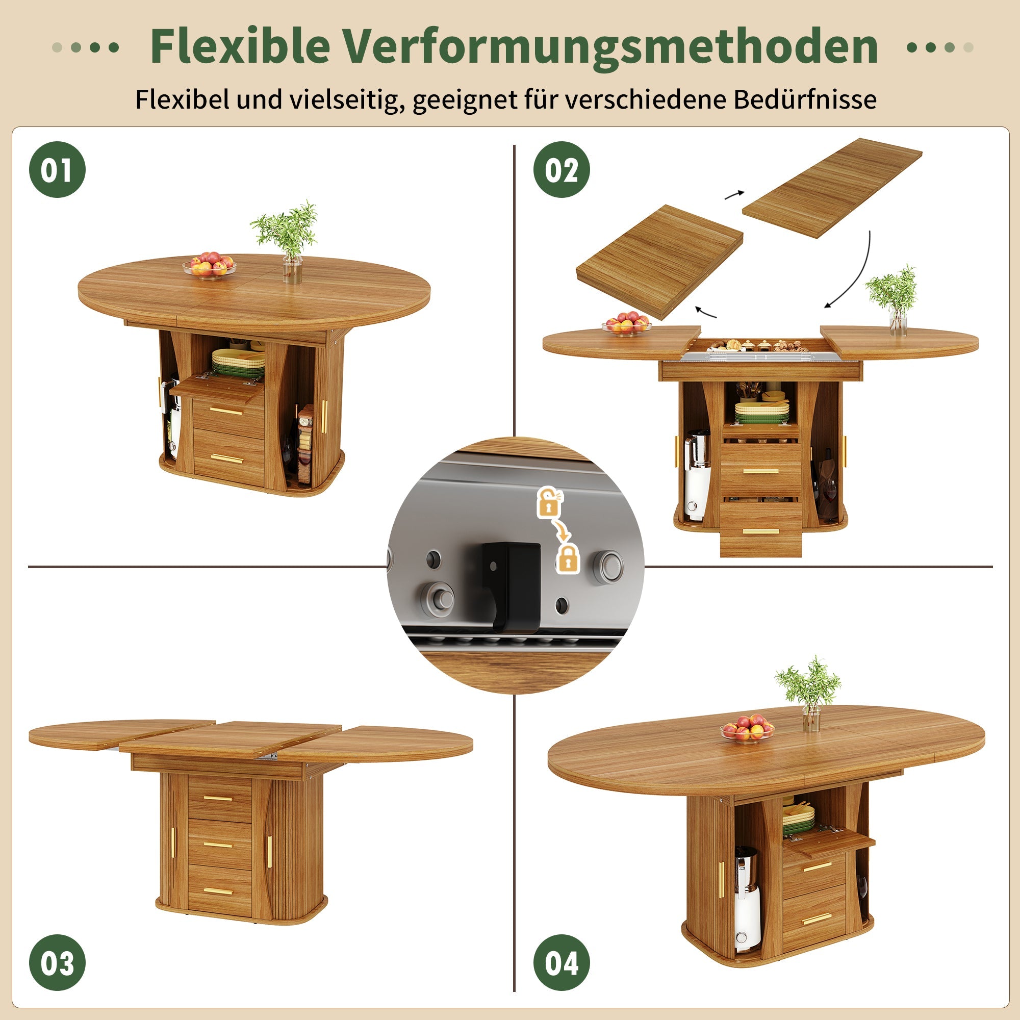 Round Dining Table to Oval with Three-Tier Storage, 118-158 cm, Walnut