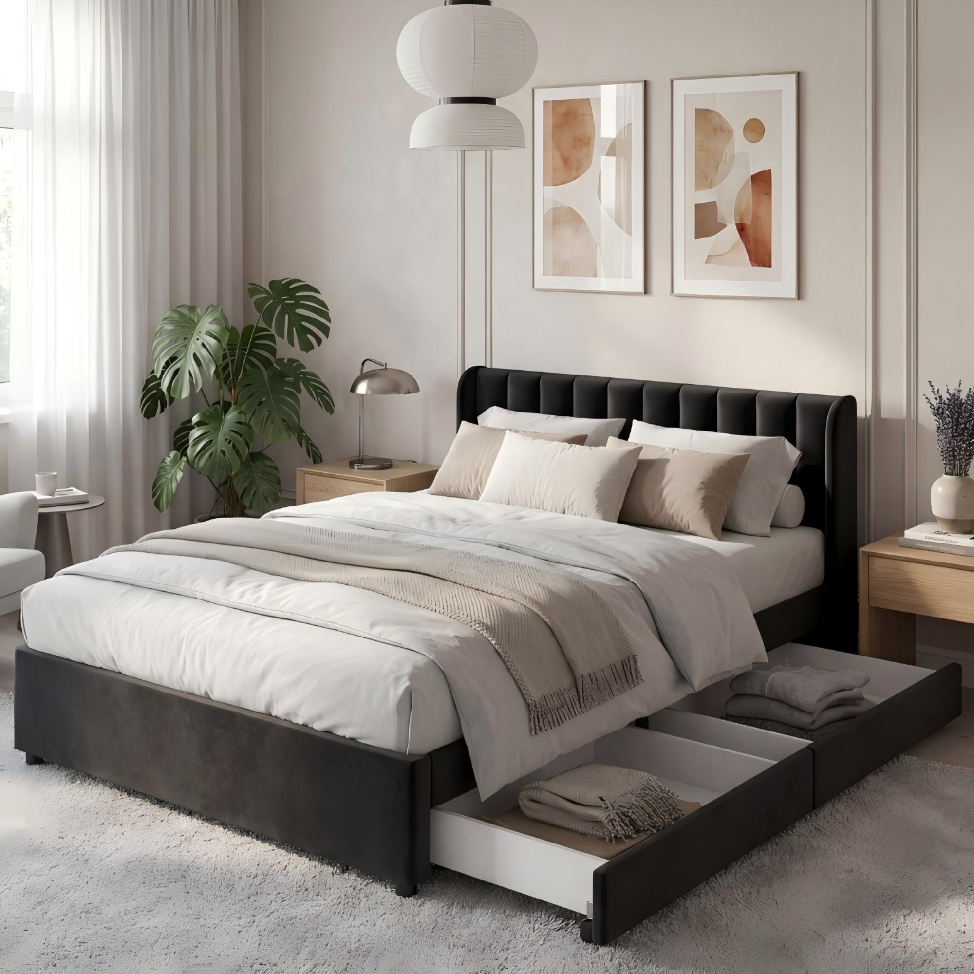 Upholstered Bed 140x200cm 2 Drawers Slatted Base - Black Velvet