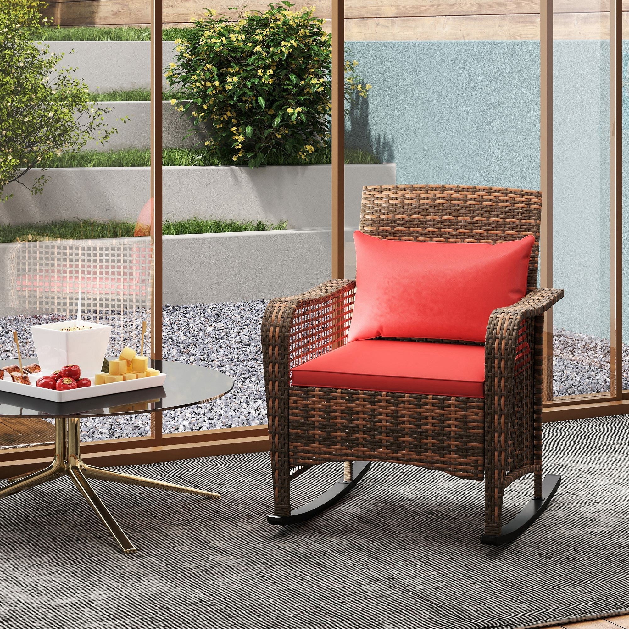 Rattan Rocking Chair Outdoor with Curved Base & Steel Frame, Red
