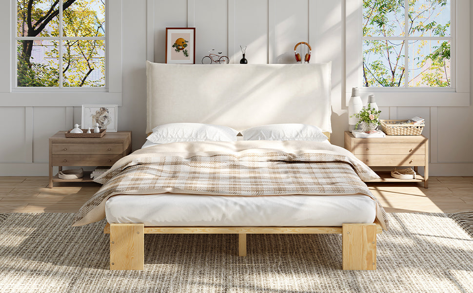 Upholstered Bed with Padded Headboard and Sturdy Slatted Base, 140x200cm, Natural Pine