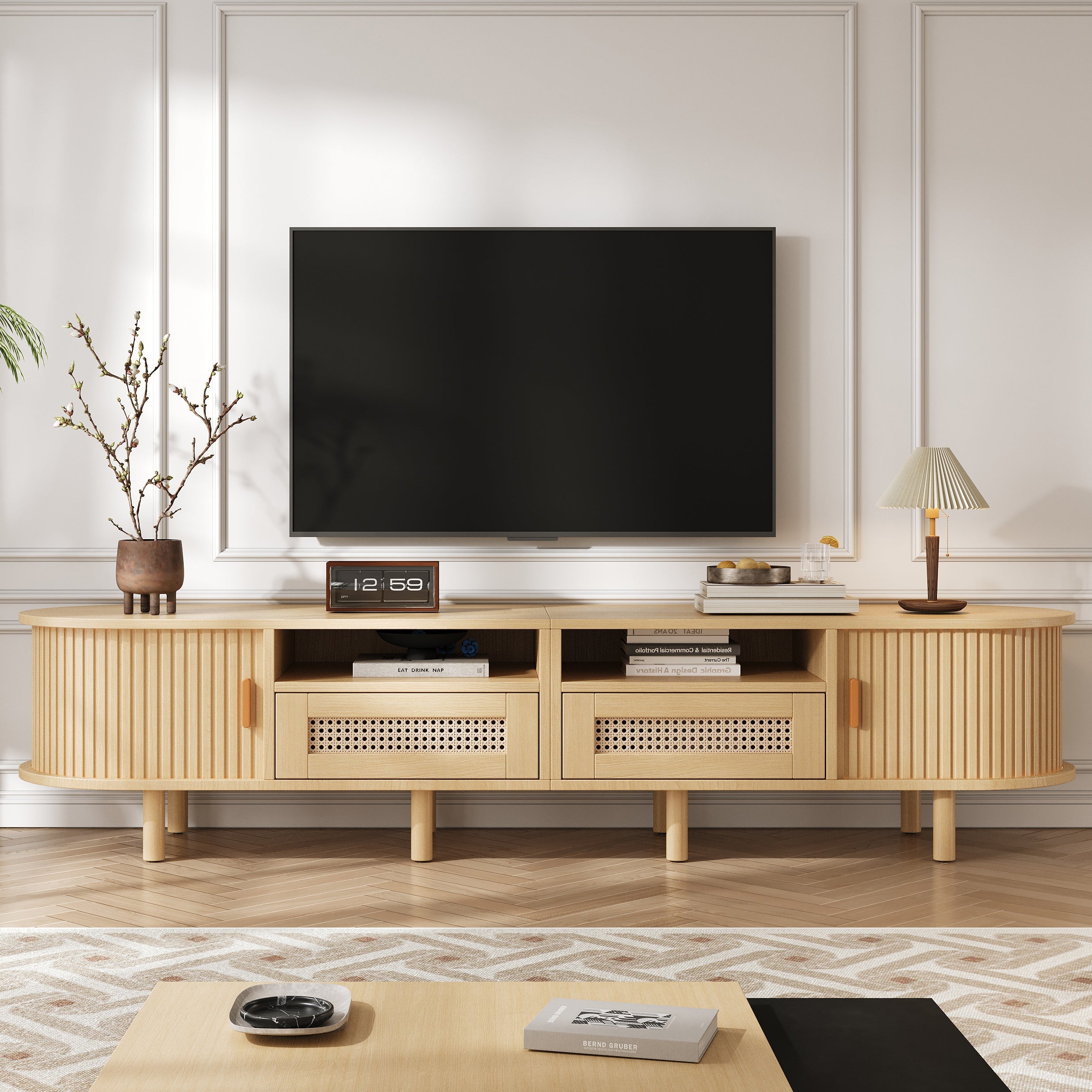 Oval TV Stand for 70 Inches, 2 Rattan Drawers, 2 Sliding Doors, Wood Color