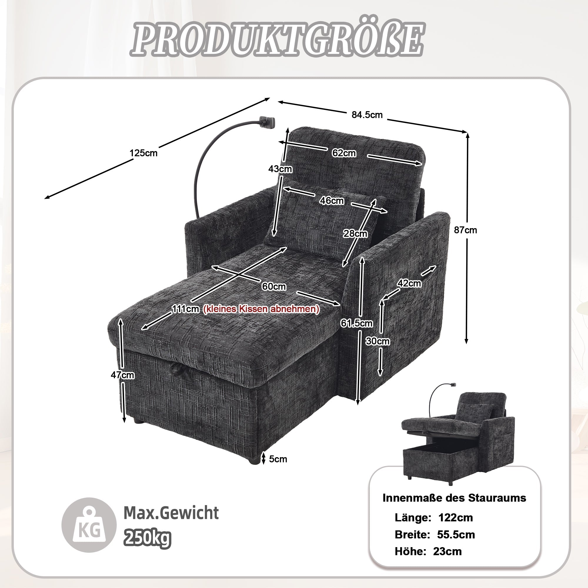 Lazy Sofa, Multifunctional with Phone Holder & Stowable Backrest, Chenille