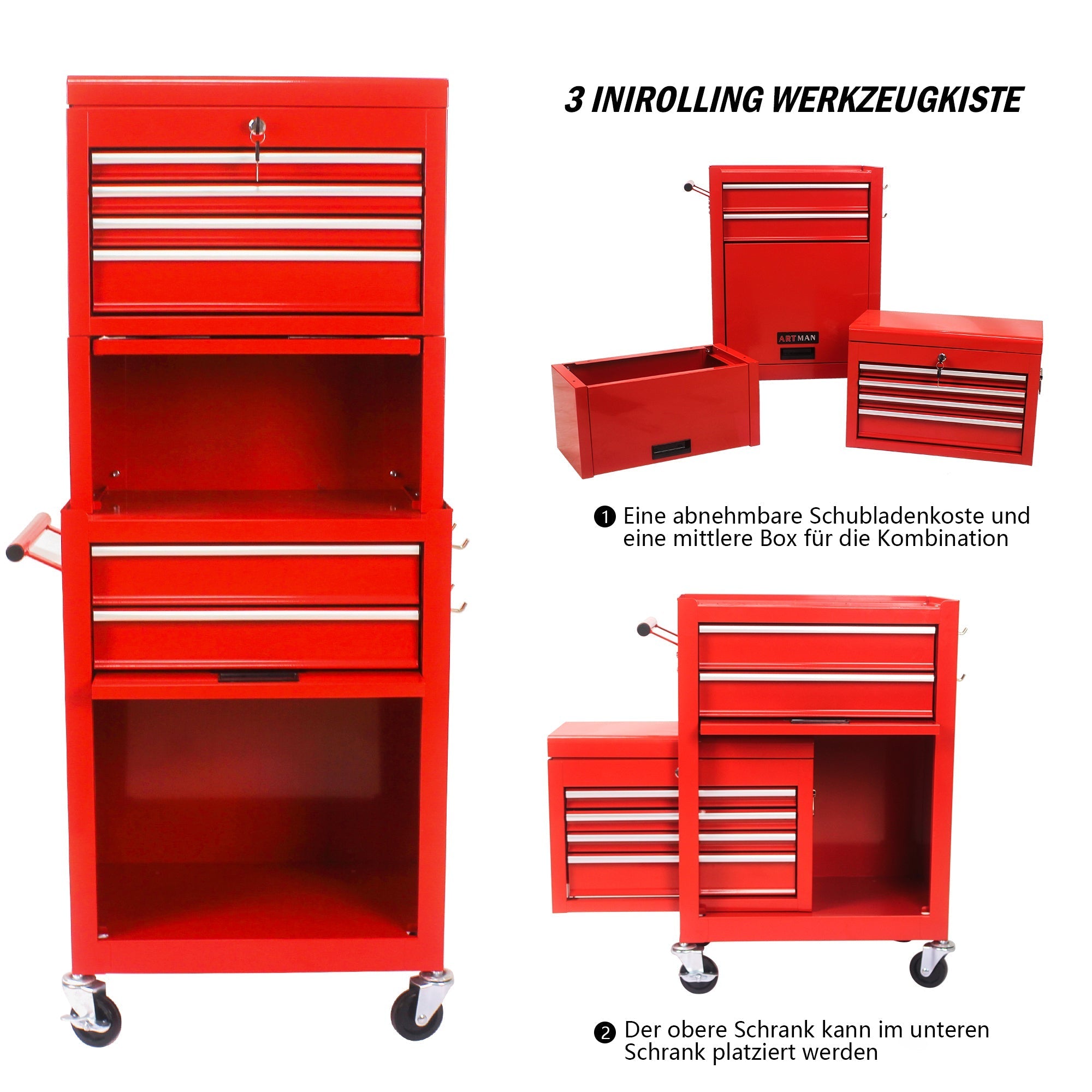Rolling Tool Cabinet 6-Drawer 2-in-1 Removable Storage - Red
