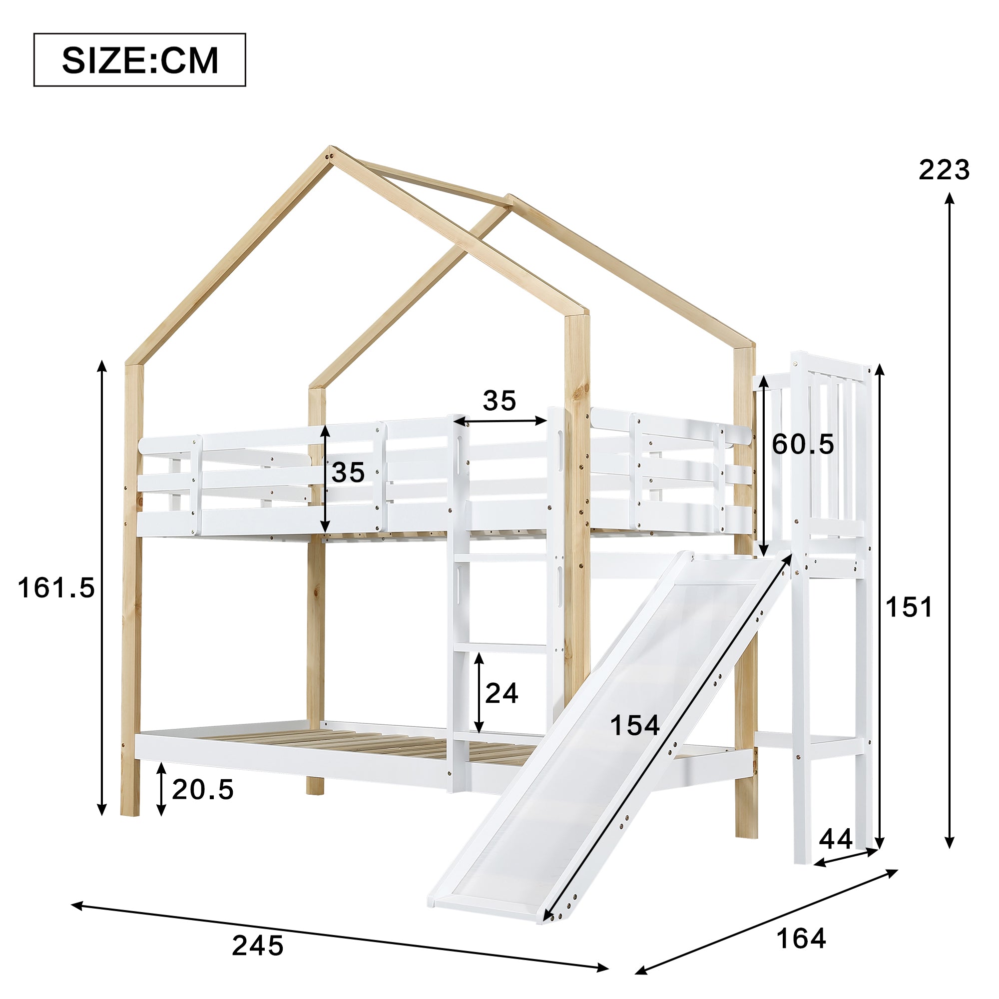 Bunk Bed House with Slide, Ladder, Safety Rail, 2 Drawers, 90x200cm, Solid Wood White/Natural