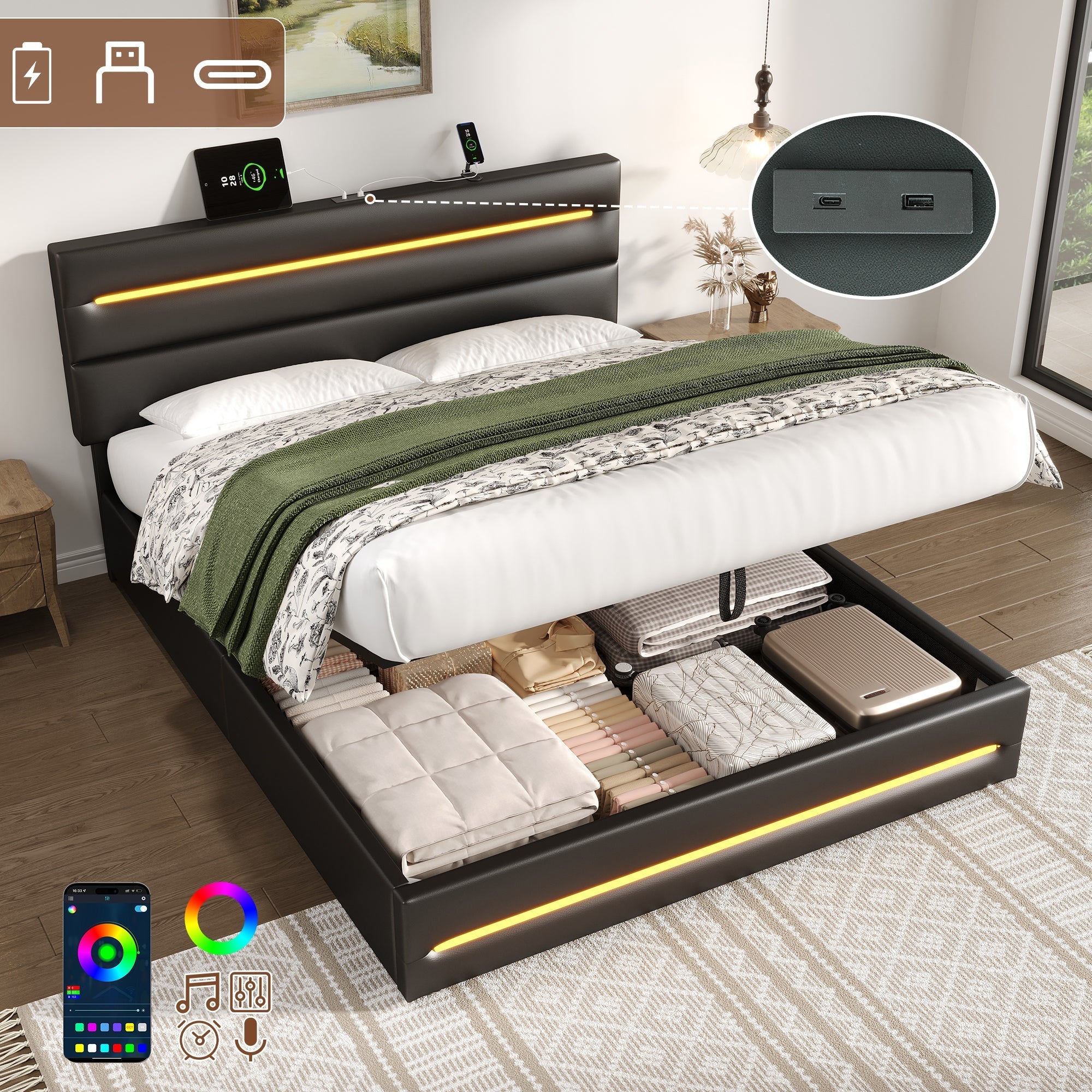 4ft6 Double Upholstered Bed Frame with Hydraulic Storage, LED Lighting, Charging Station & Adjustable Headboard with USB/Type-C Ports, Black PU (No Mattress)