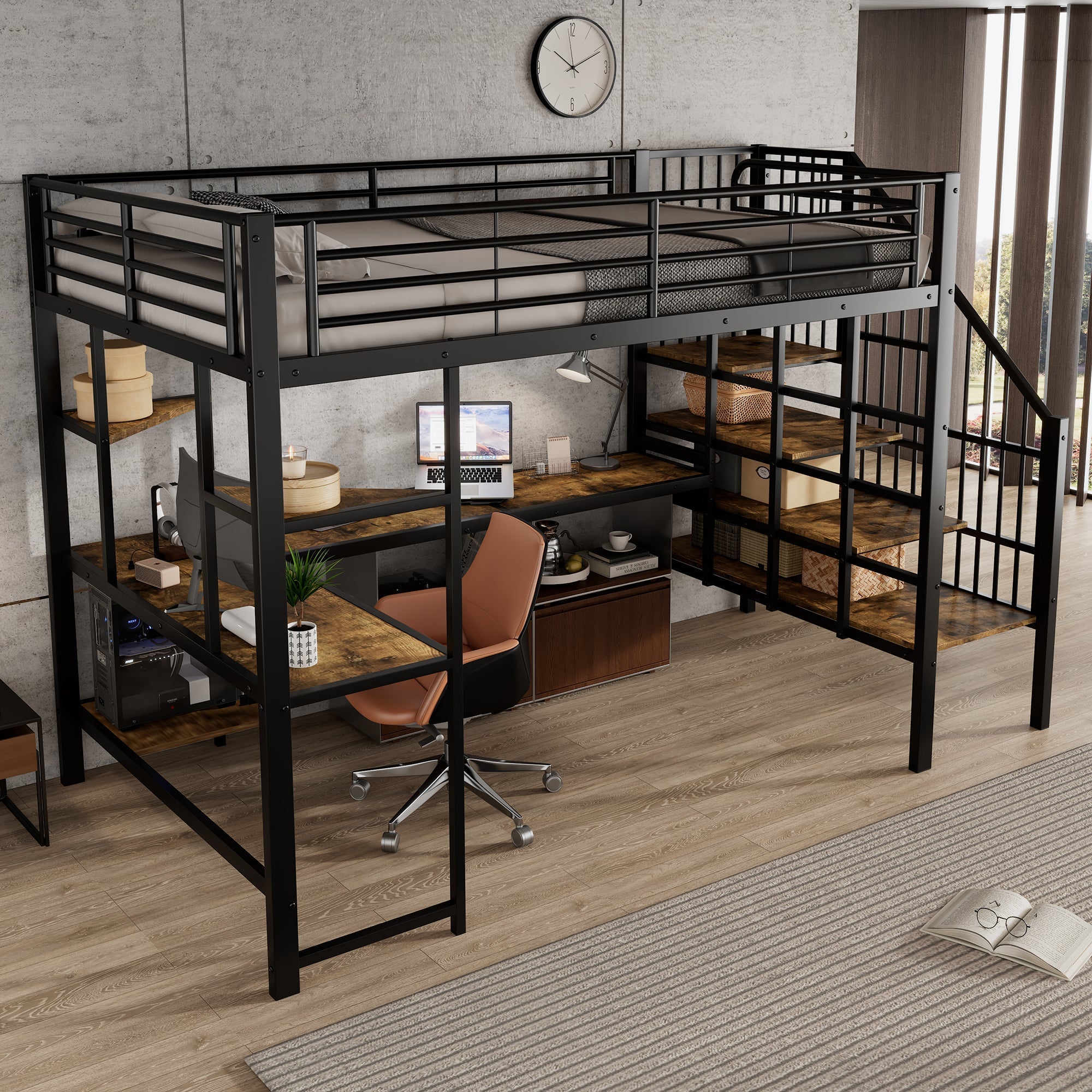 Iron Loft Bed, Charging Port Corner Stairs Desk Storage 120x200cm, Black Iron + MDF