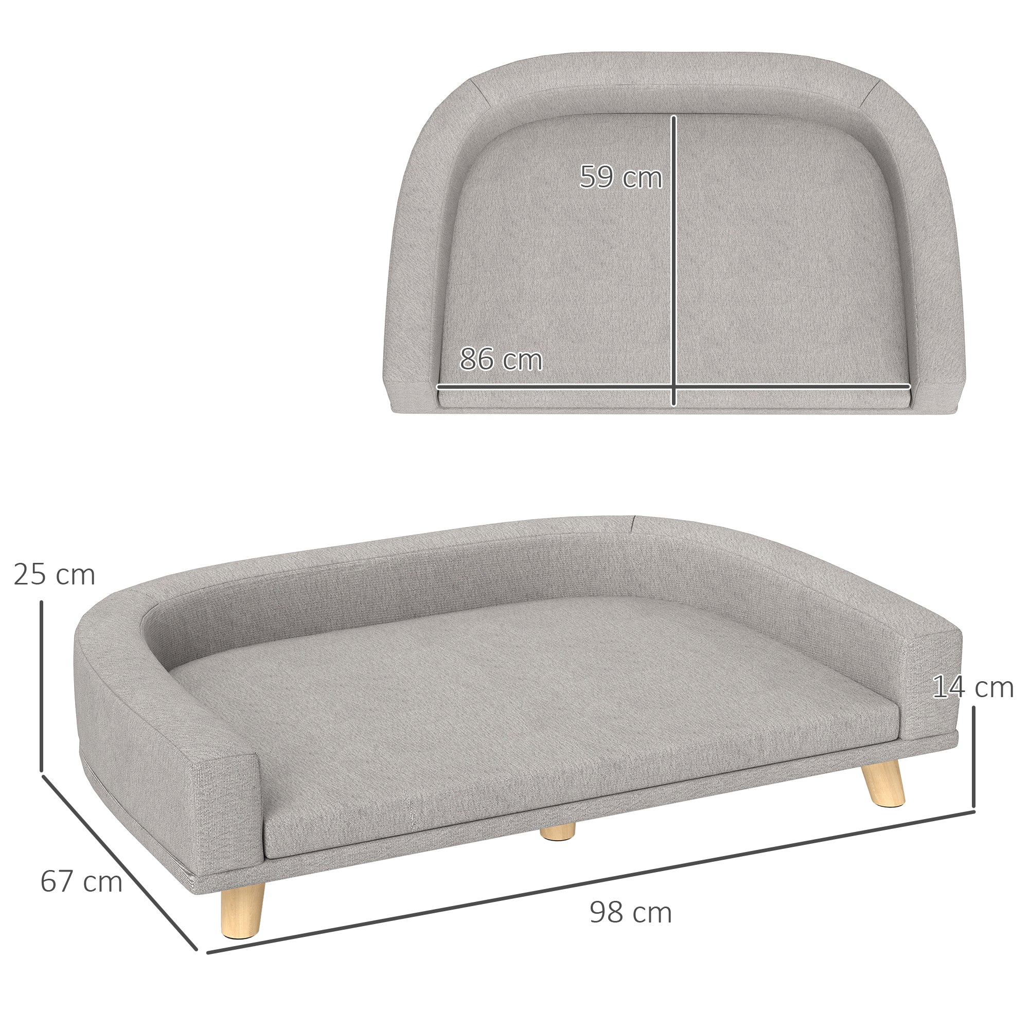Hundesofa, erhöht, mit Kissen, Holzbeine, Grau