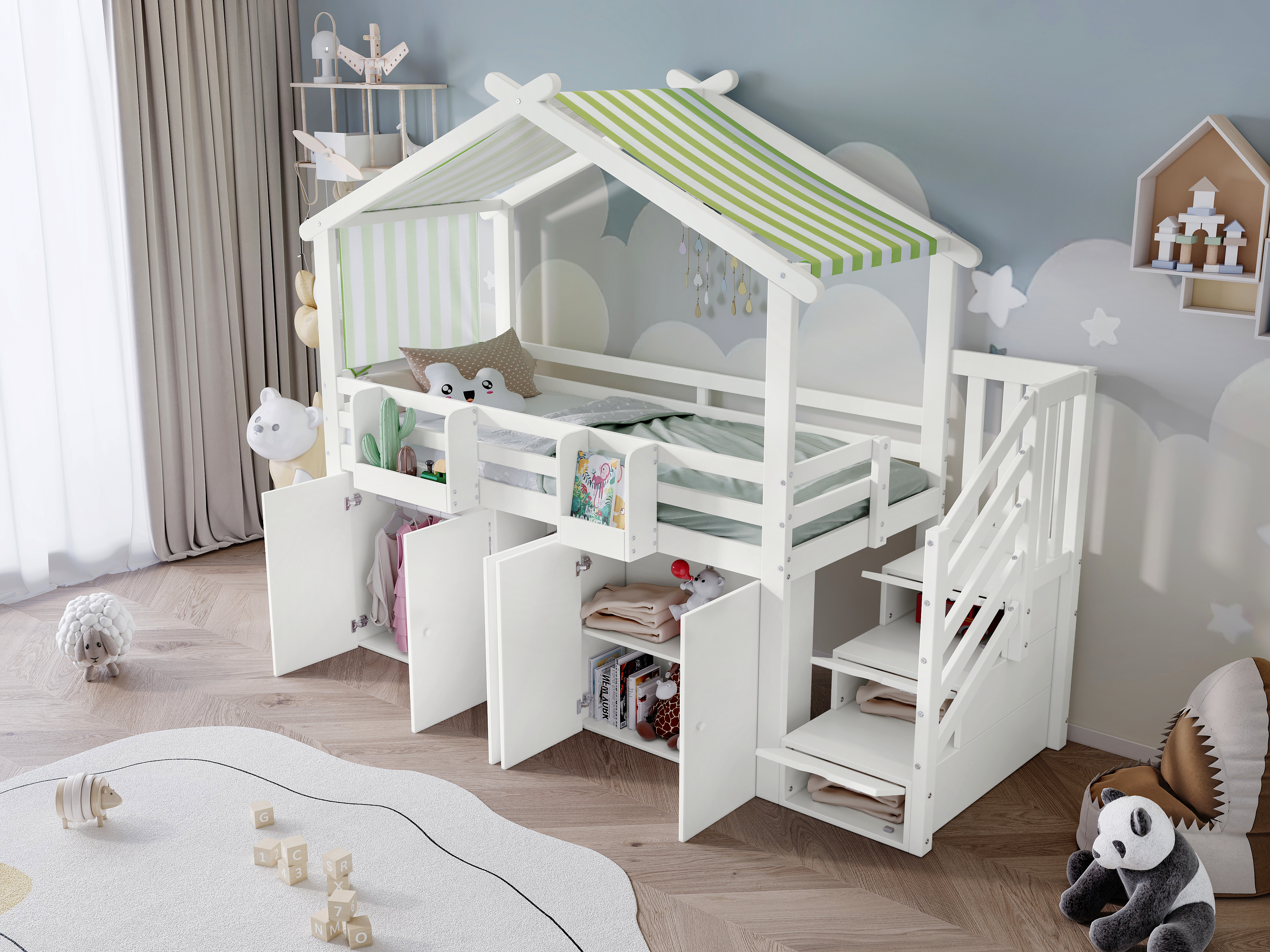 Bunk Bed, Safety Gate, Wardrobe, Lockers, Stairs, 90x200cm, White & Green Pine+MDF+Plywood