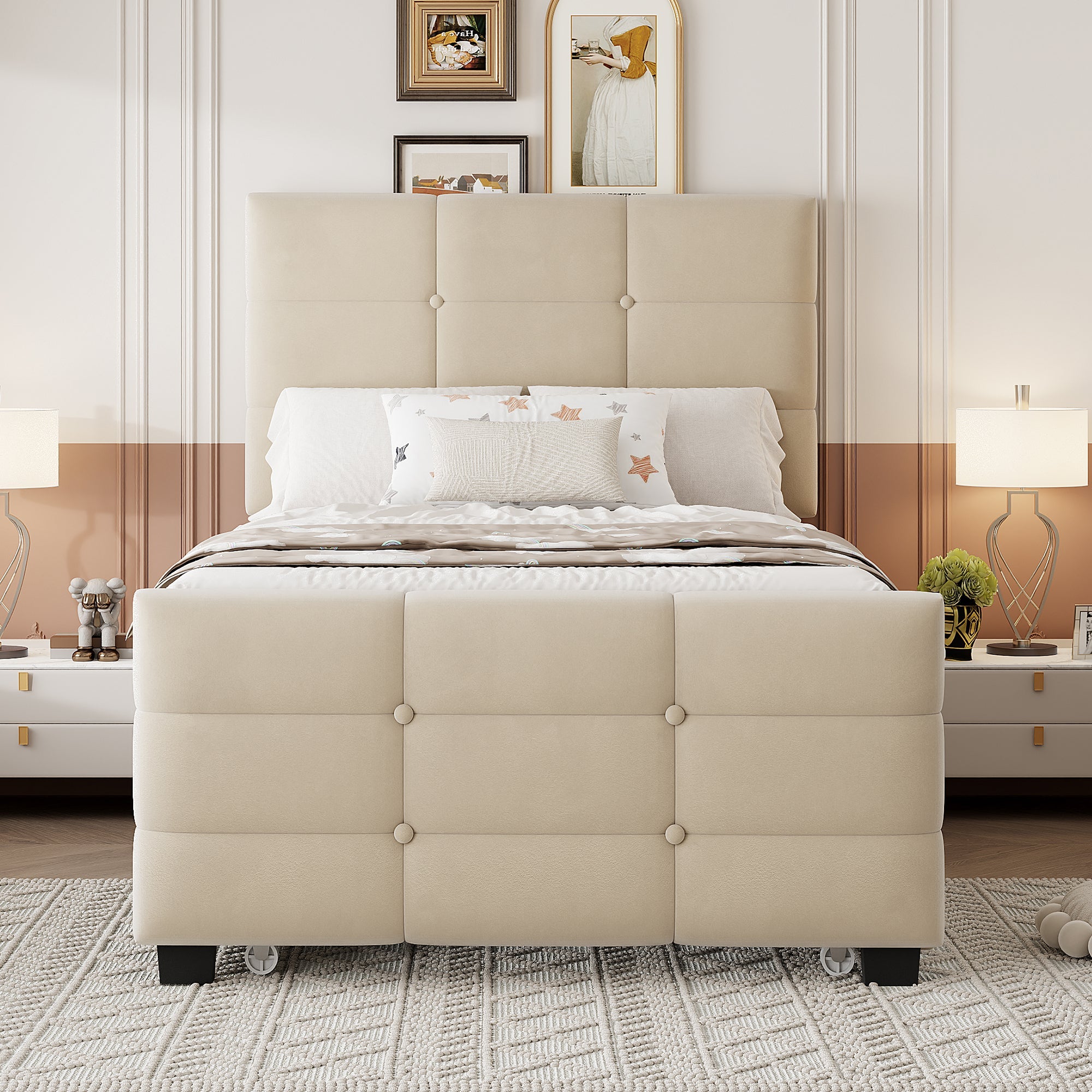Upholstered Single Bed with Pull-out Guest Bed and Slatted Frame, 90x190cm, Beige Velvet