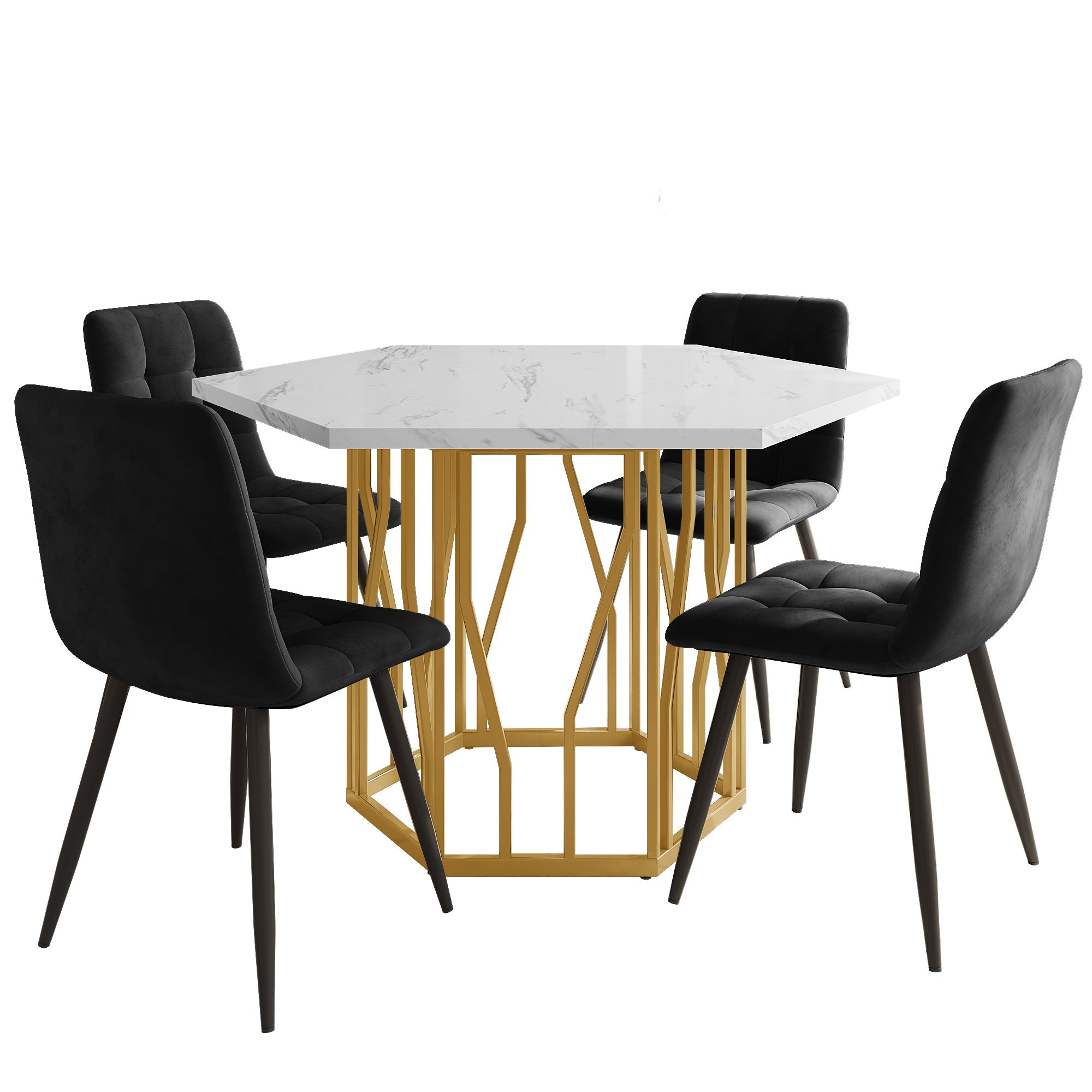 5-Piece Dining Set Hexagonal Marble Table 4 Velvet Chairs Gold Legs - Black