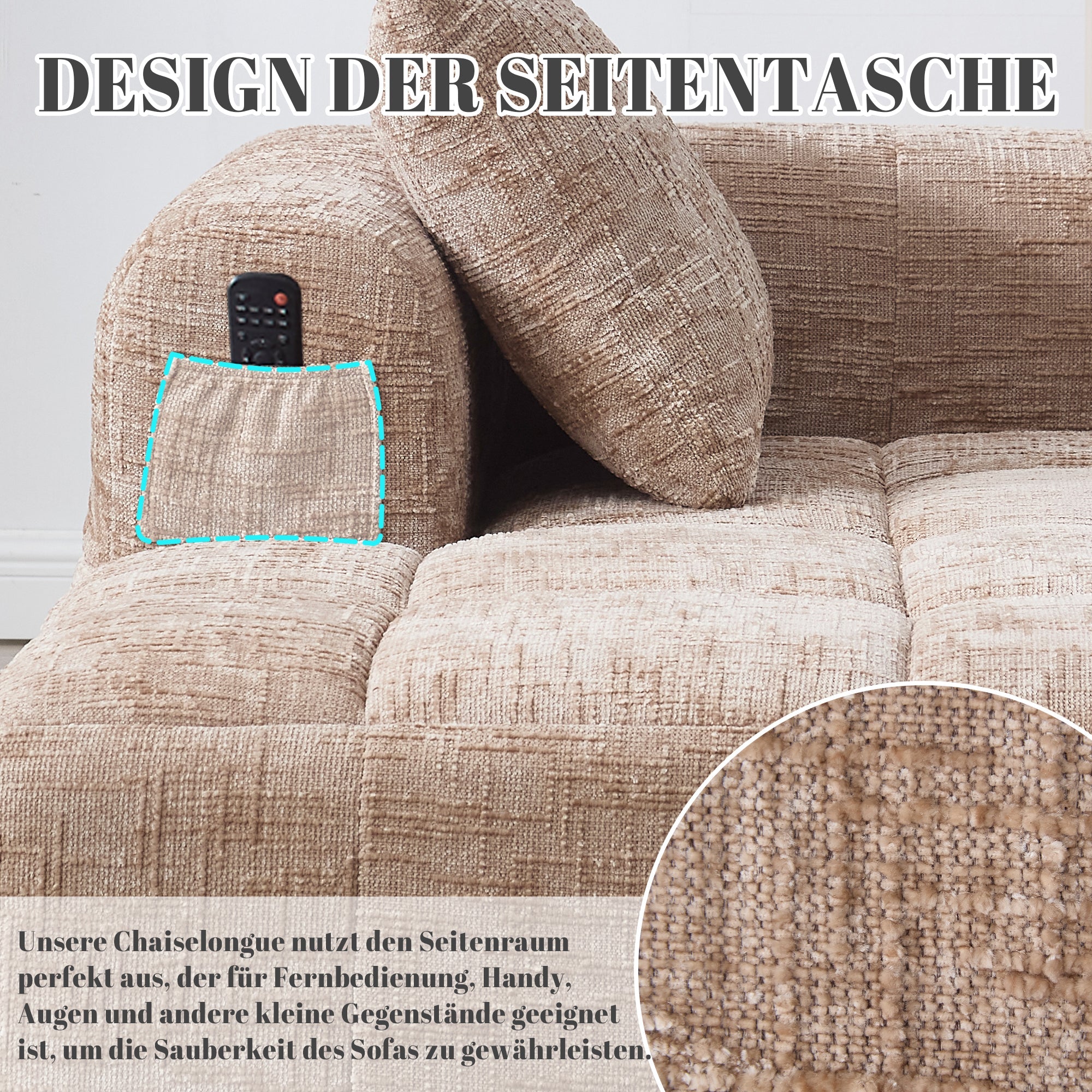 Chaise Longue Sofa, Soft Cushions Side Pockets, Khaki
