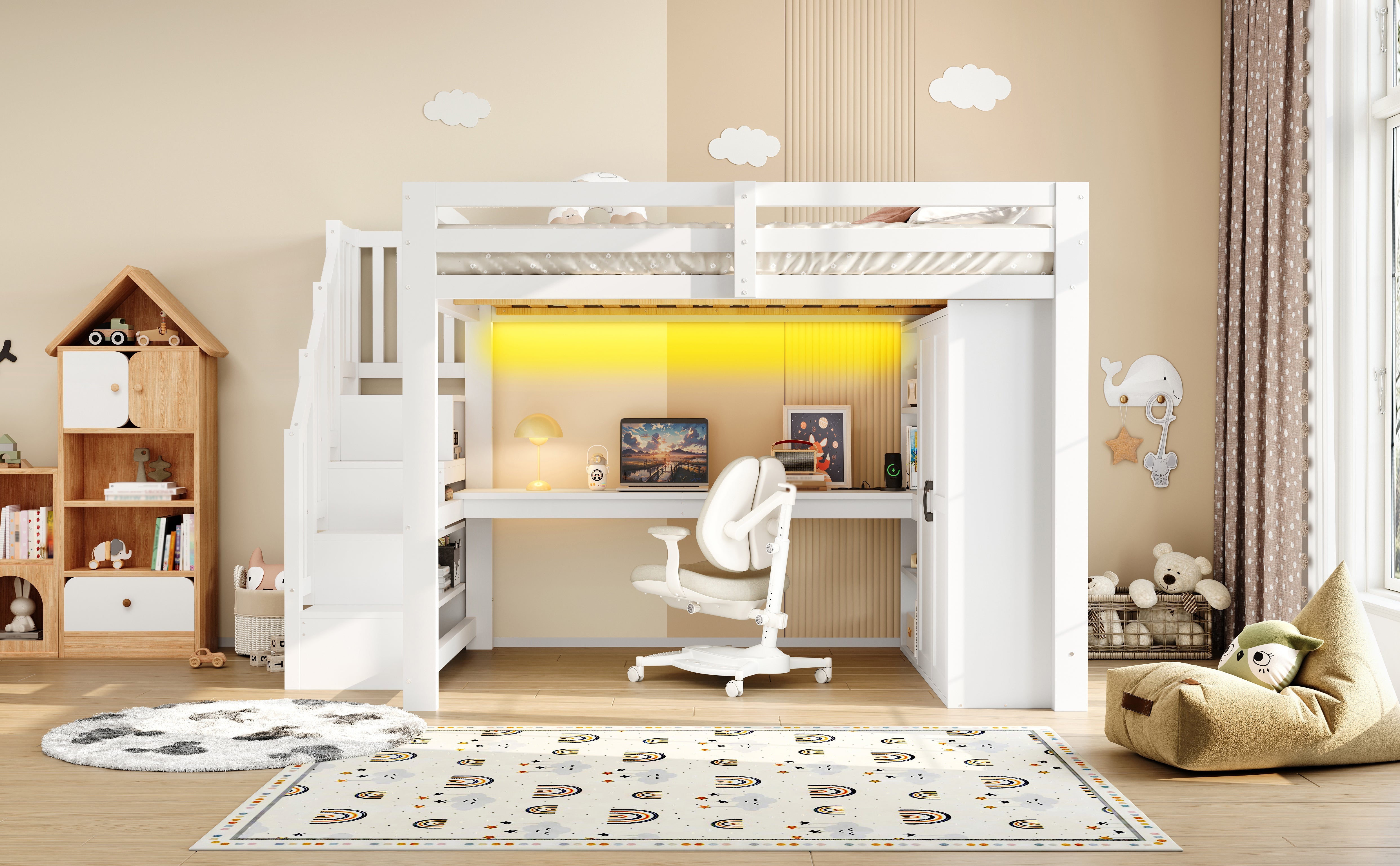 140x200 Loft Bed with Desk, Shelf, Wardrobe, Storage Stairs, USB and LED Lights, White