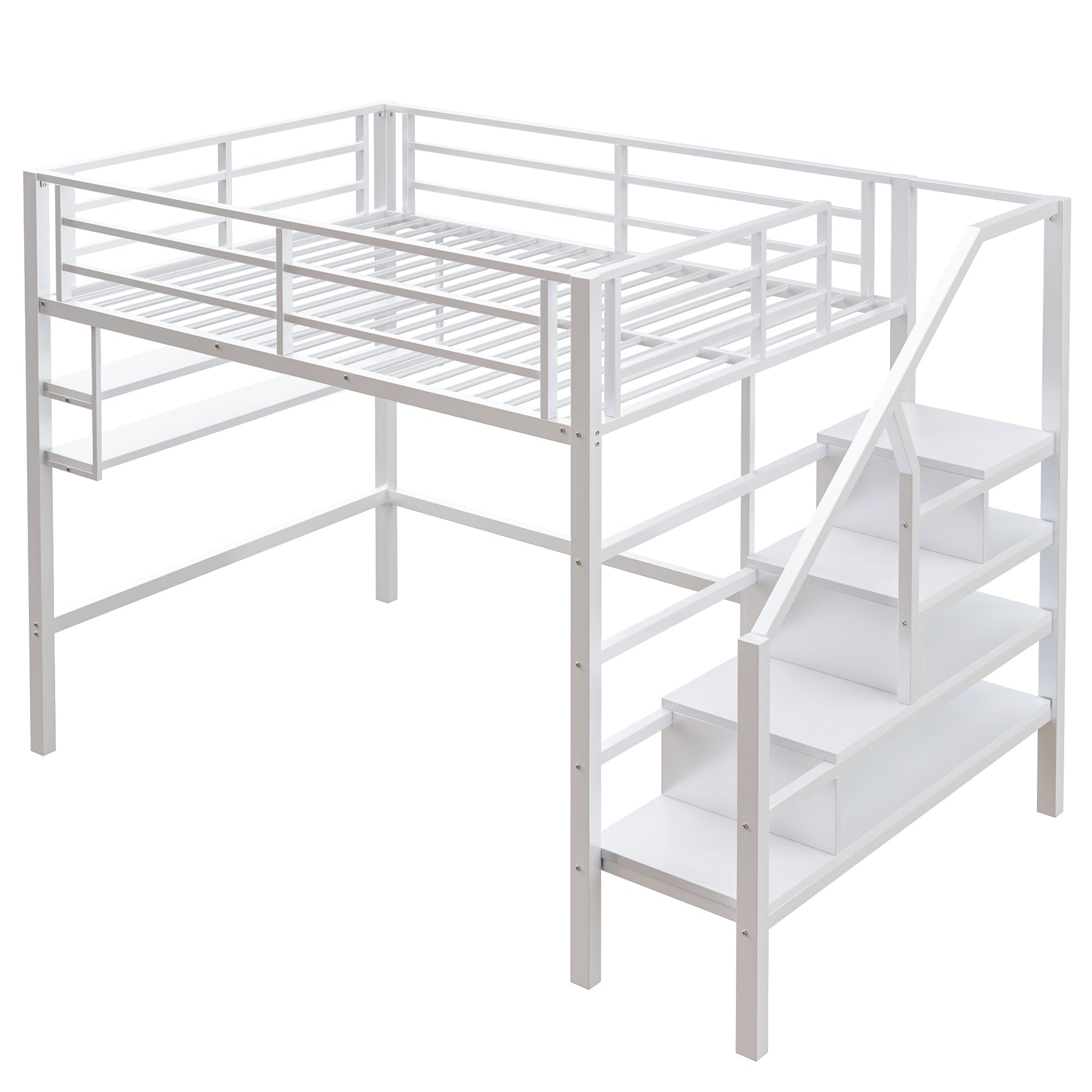 Loft Bed with Storage Ladder and Shelves, 140x200cm, White