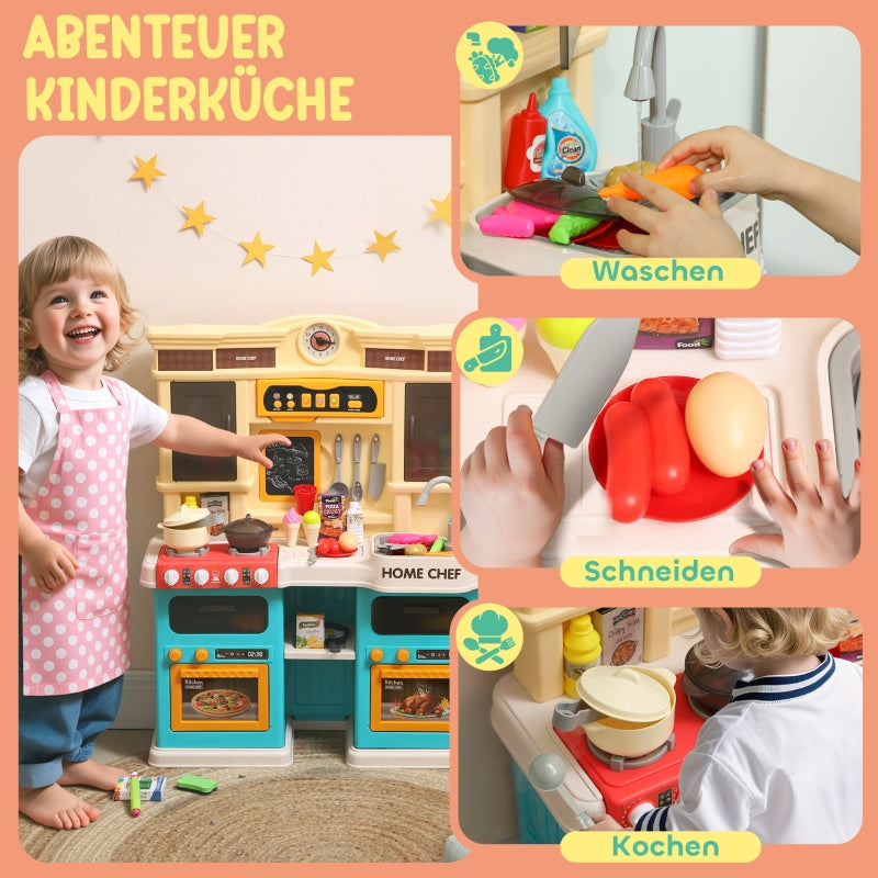 Play Kitchen, Running Water 85-Piece Set Lights Sounds Ages 3-6, Green Plastic