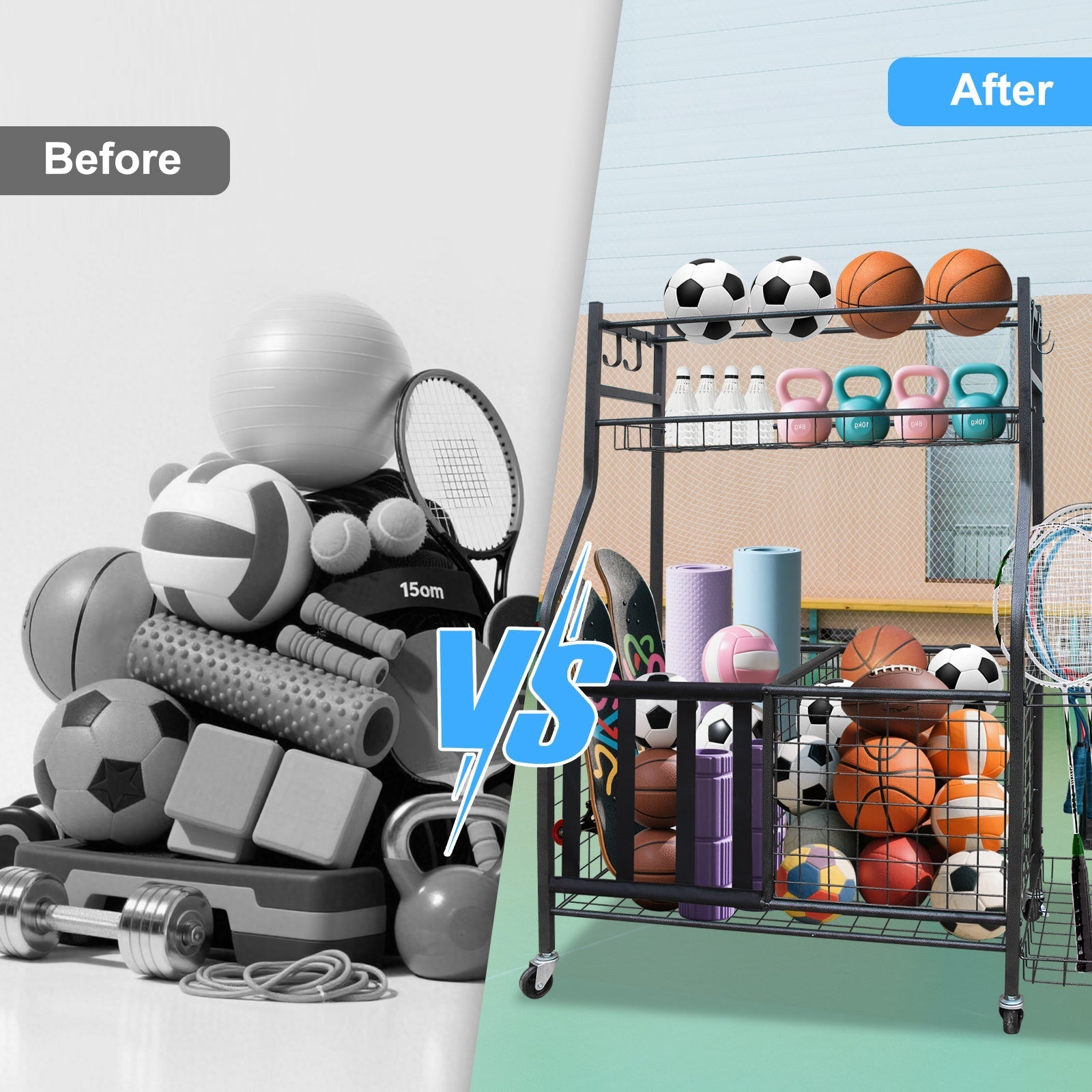 Garage Sports Equipment Organizer Large Capacity Rolling Ball Cart Indoor/Outdoor