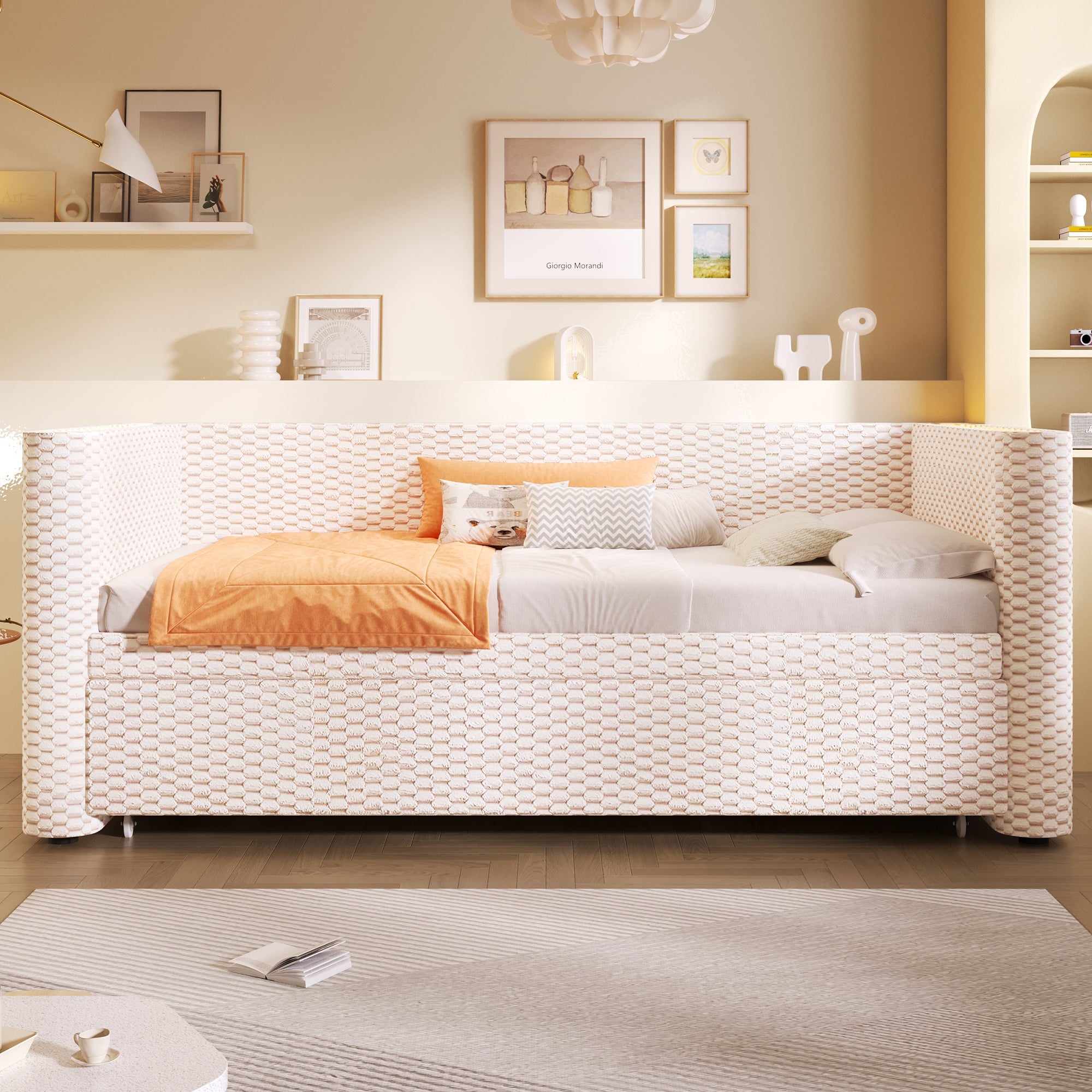 Daybed Sofa Bed, Multifunctional Pull-Out with LED Light, Velvet Beige