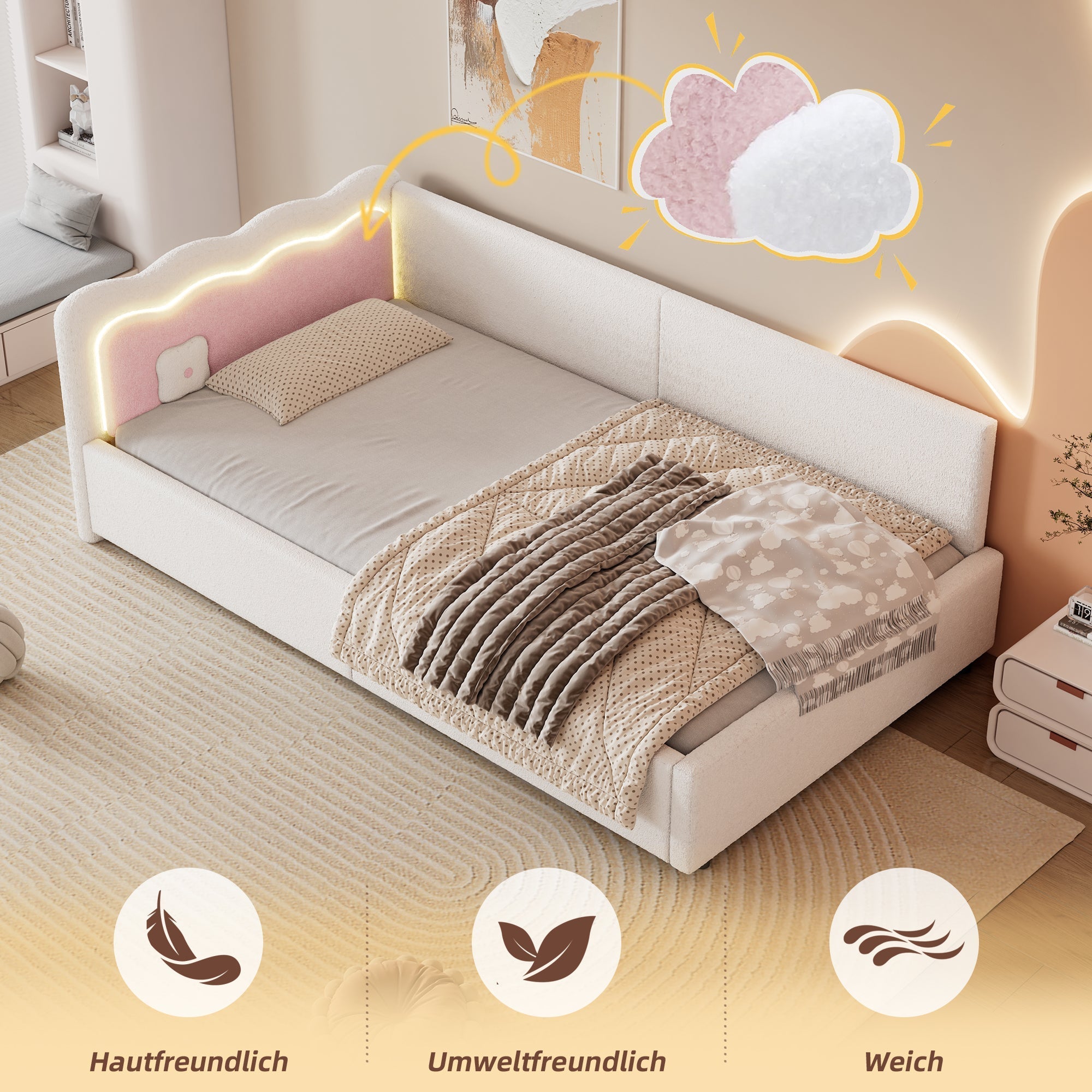 Daybed Sofa Bed 90x200cm LED Remote Control - White Imitation Fleece
