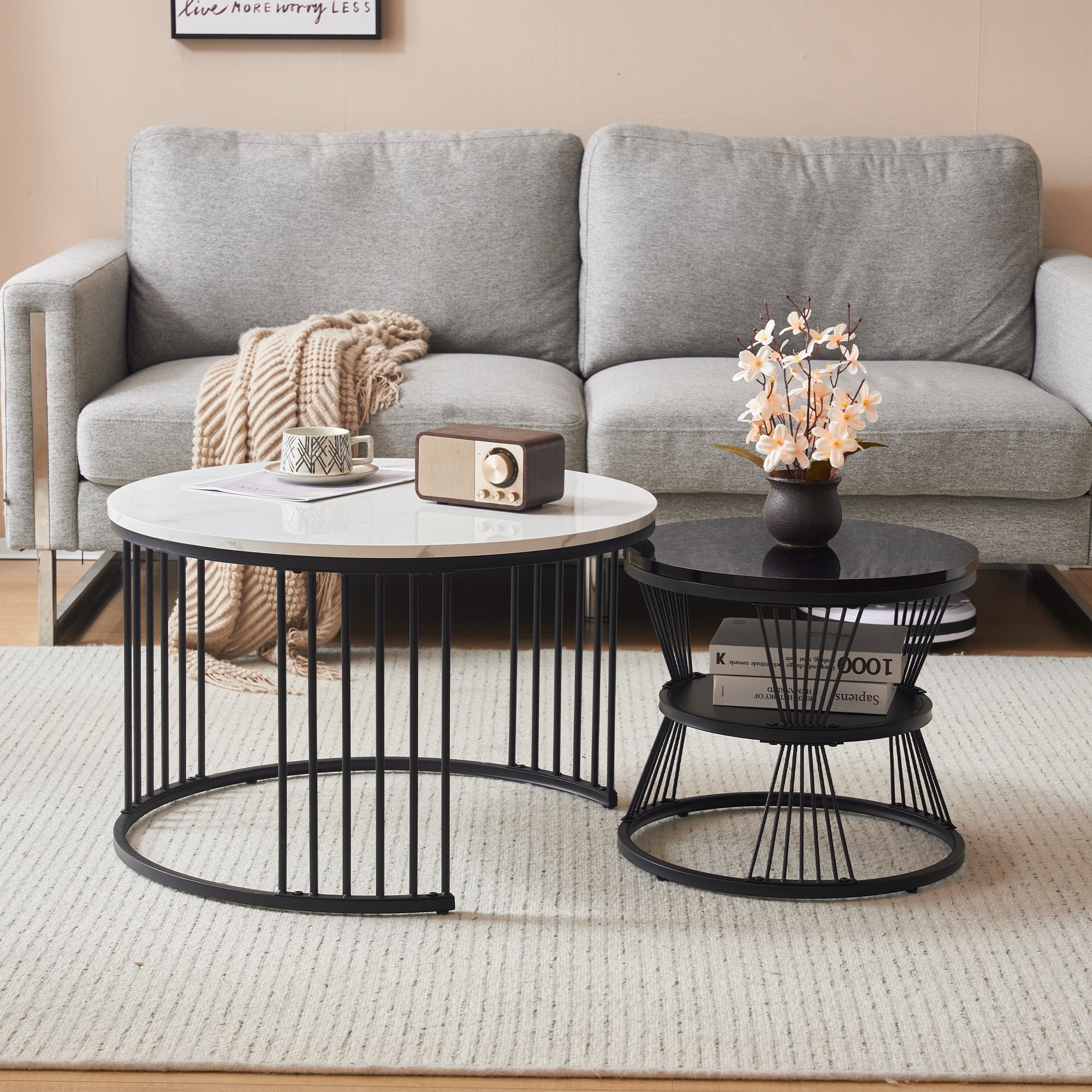 Modern Nesting Coffee Table Set, Round End Tables, Set of 2, Marble Veneer Black Frame
