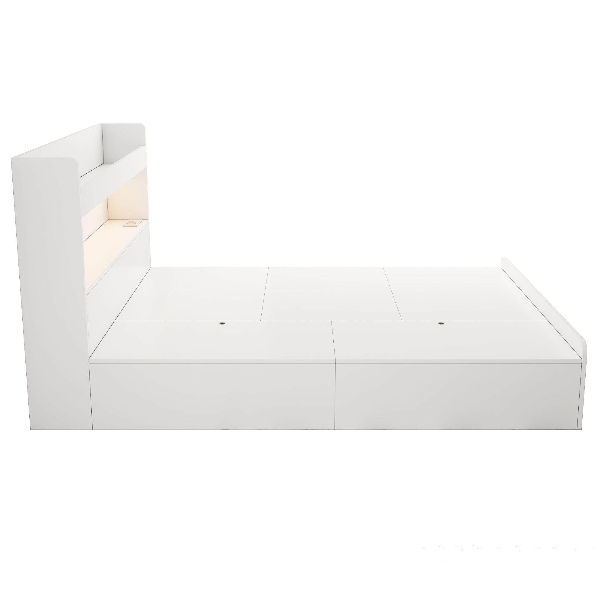 Storage Bed 140x200cm with USB, Power Outlet, LED and Drawers, White Solid Wood