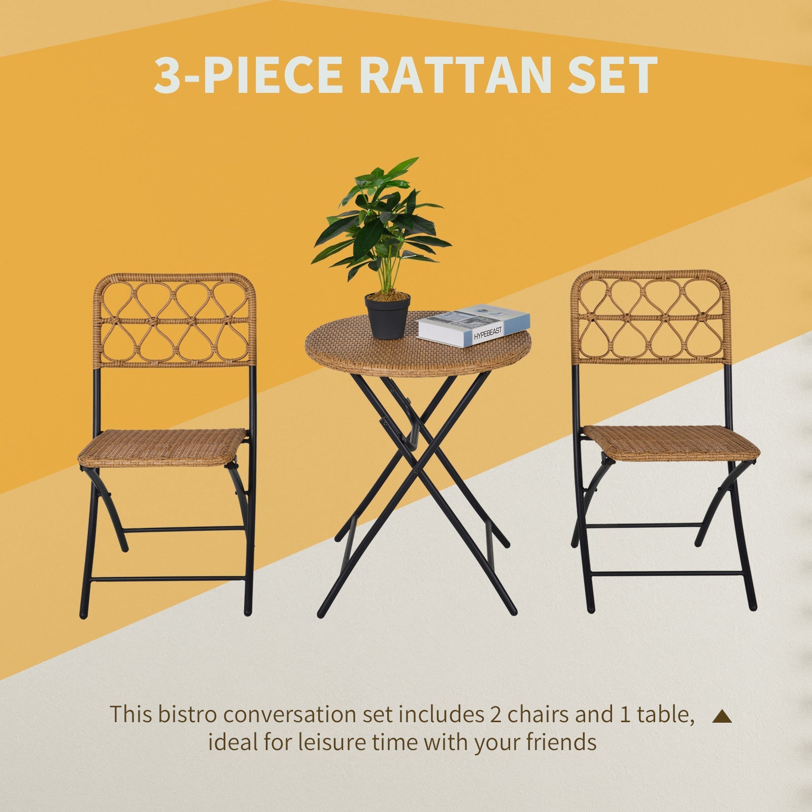 3 pcs Bistro Set, Foldable Rattan Wicker Coffee Table & Chairs, Natural