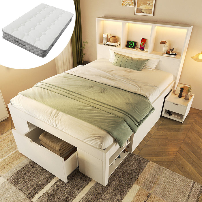 Functional Bed with LED, USB-C Charging, Storage and Movable Bedside Table, 90x200cm, White Wood