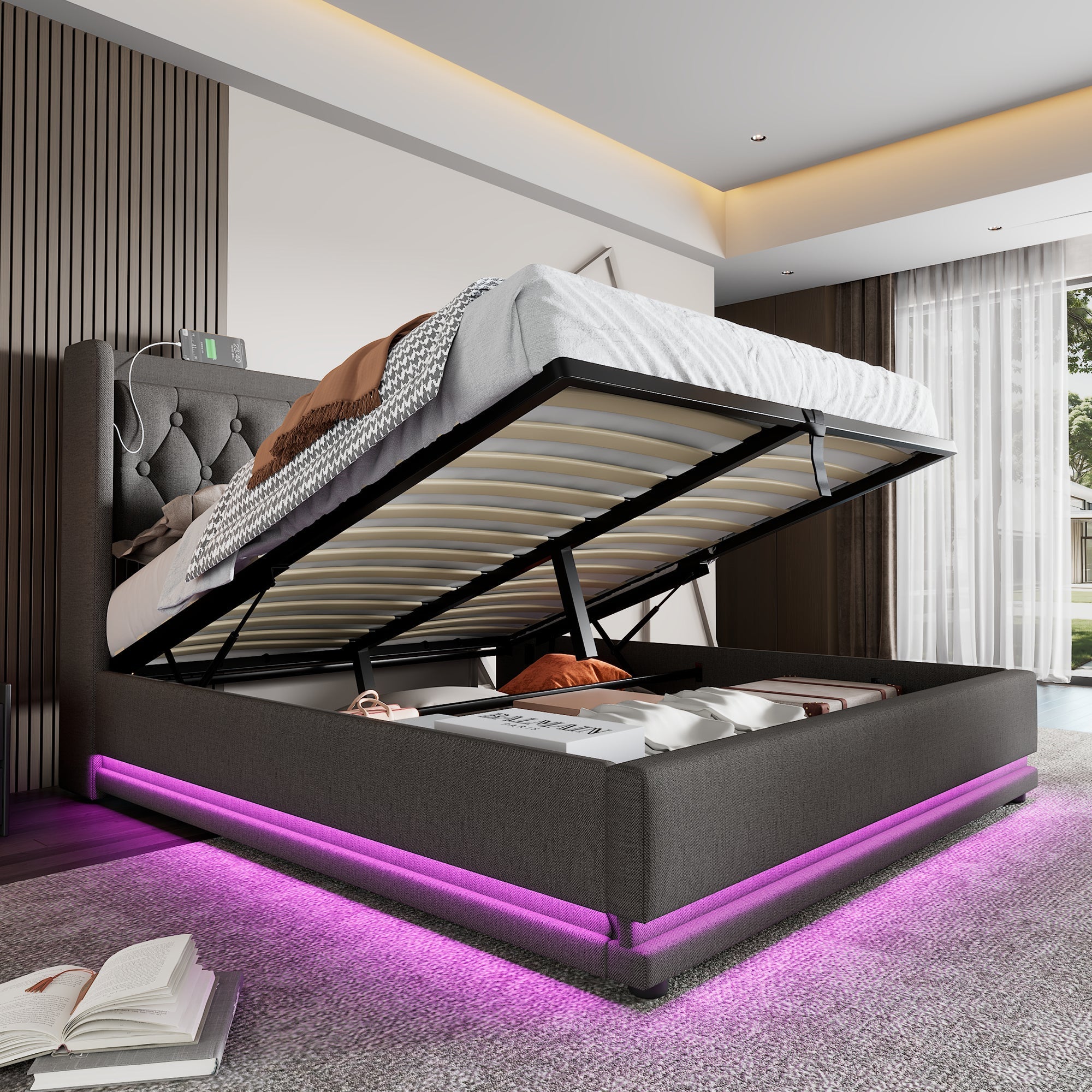 Upholstered Bed Double 140x200 cm, Hydraulic Storage, USB-C Charging, 3-Sided LED, Gray Cotton