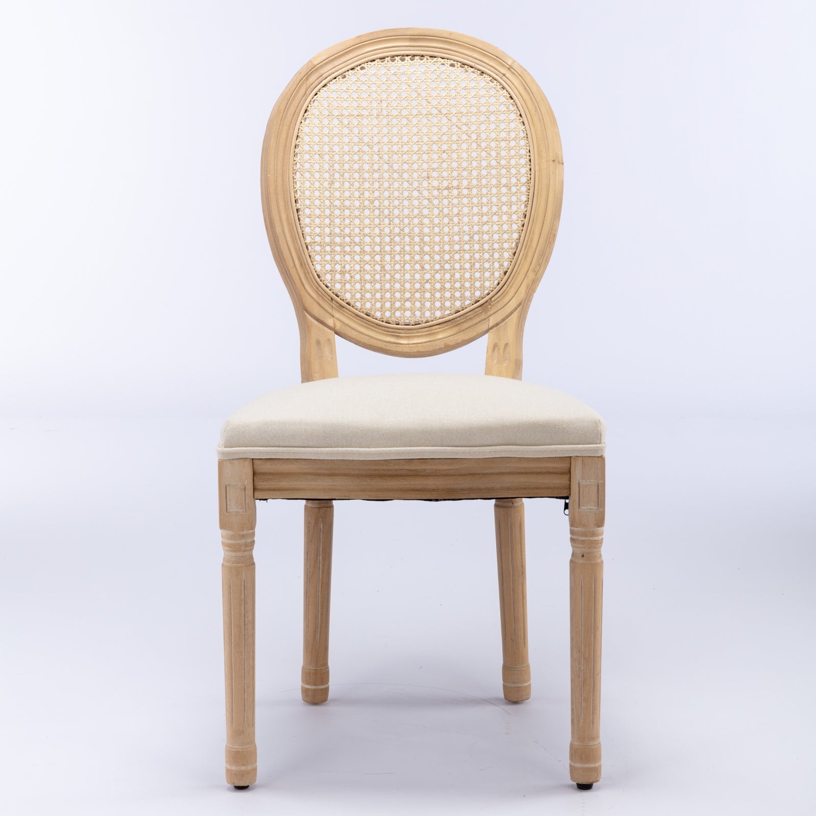 French Style Dining Chair Solid Wood Rattan Back Linen Set of 2 - Cream Beige