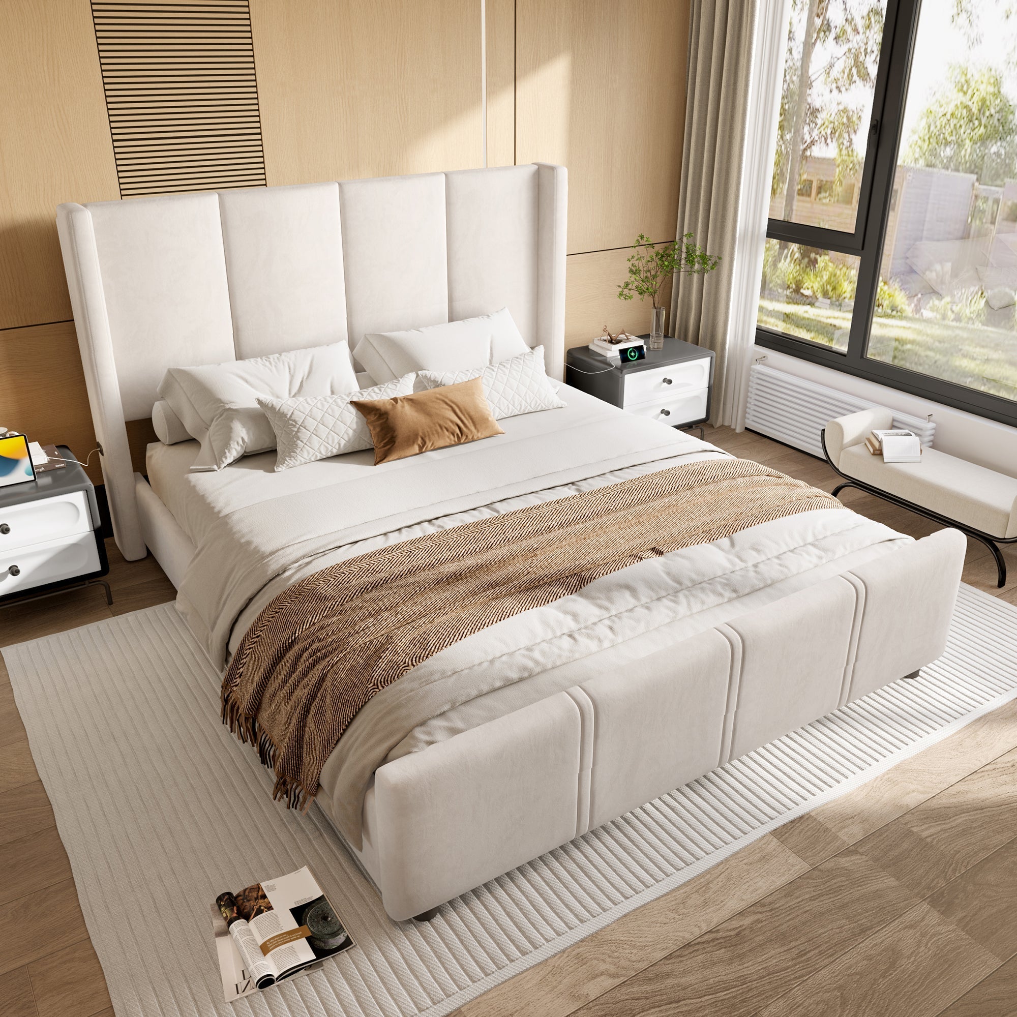 Upholstered Bed Frame 160x200cm High Headboard USB Port Iron/Wood, Beige
