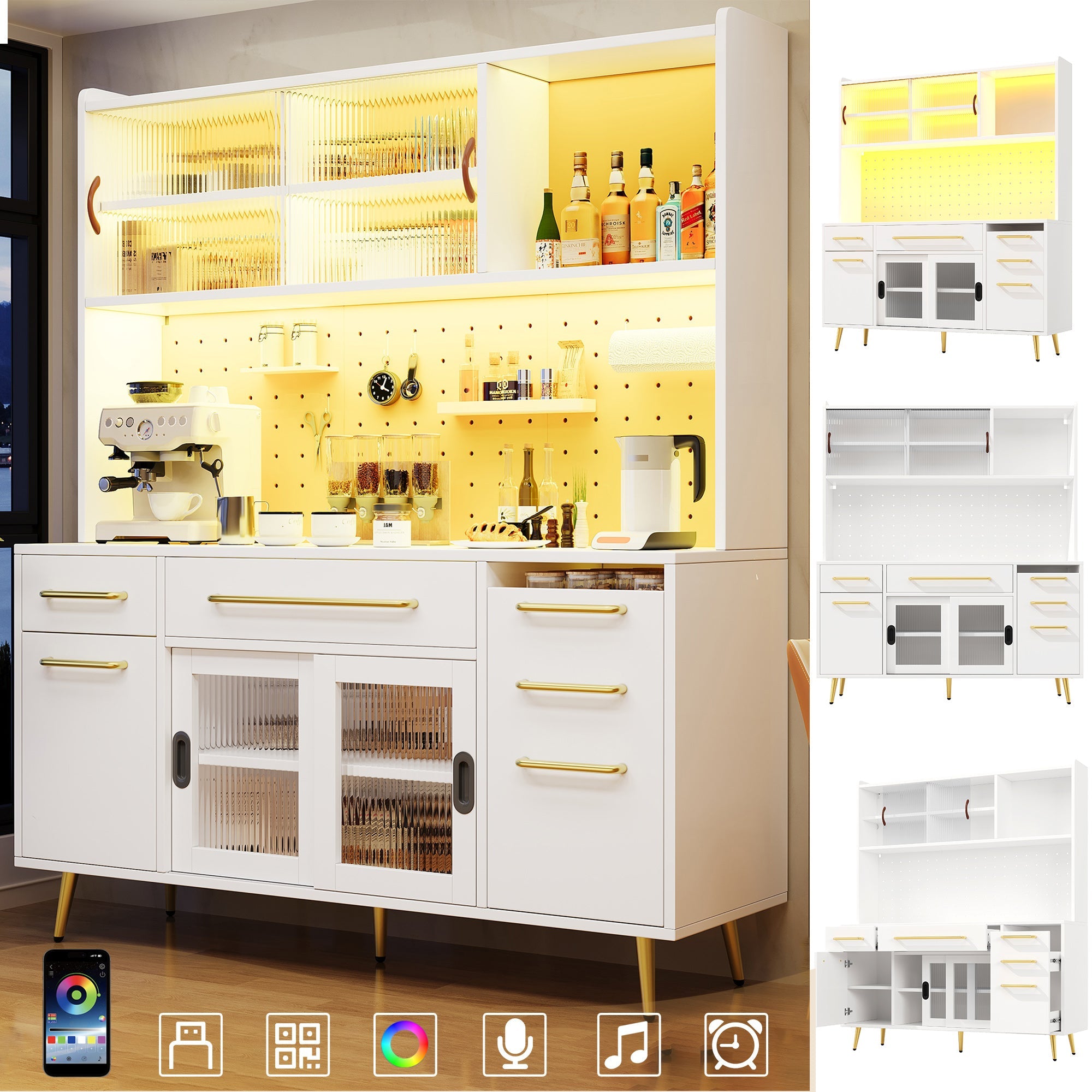 Modern Sideboard Storage Cabinet with LED Lighting and Pegboard, White